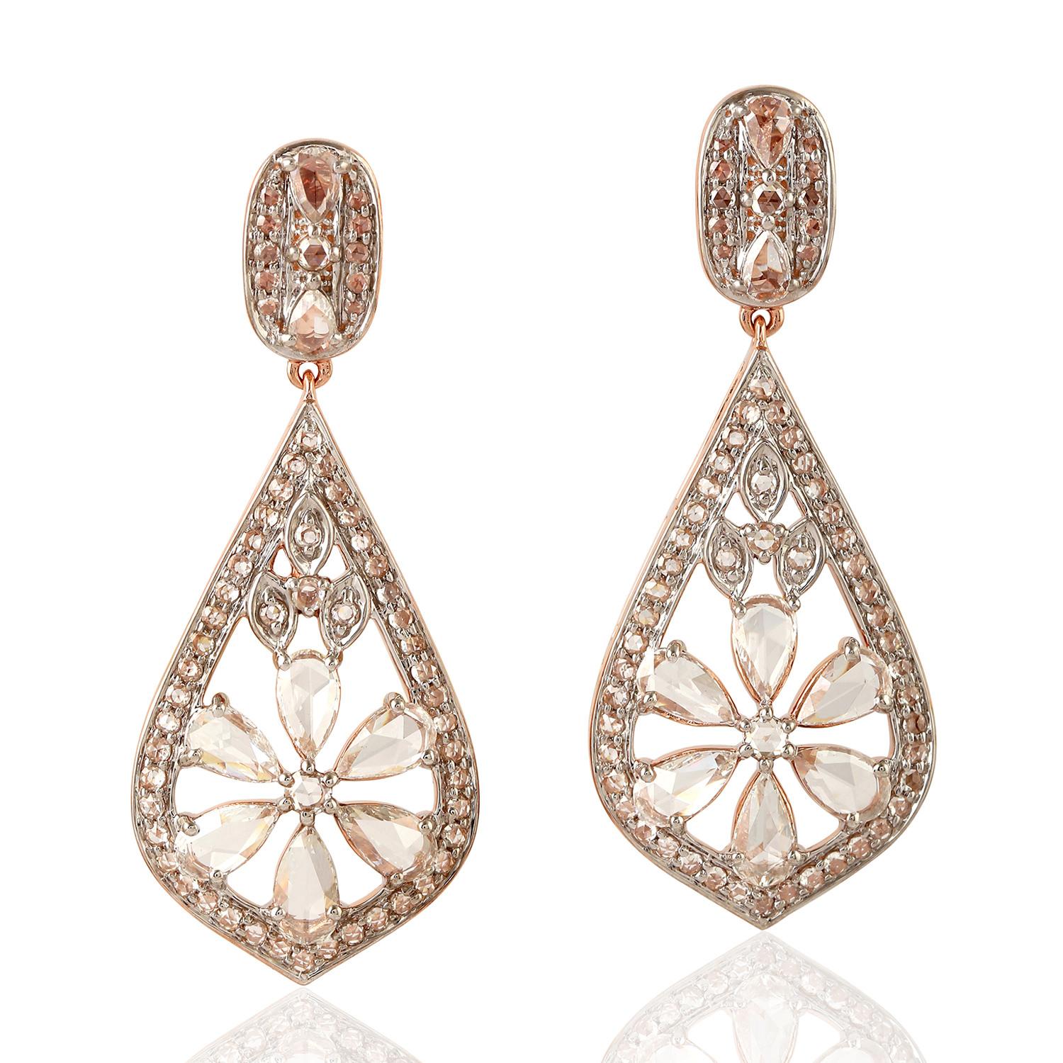Contemporary 18 Karat Gold Rose Cut Diamond Flower Earrings For Sale