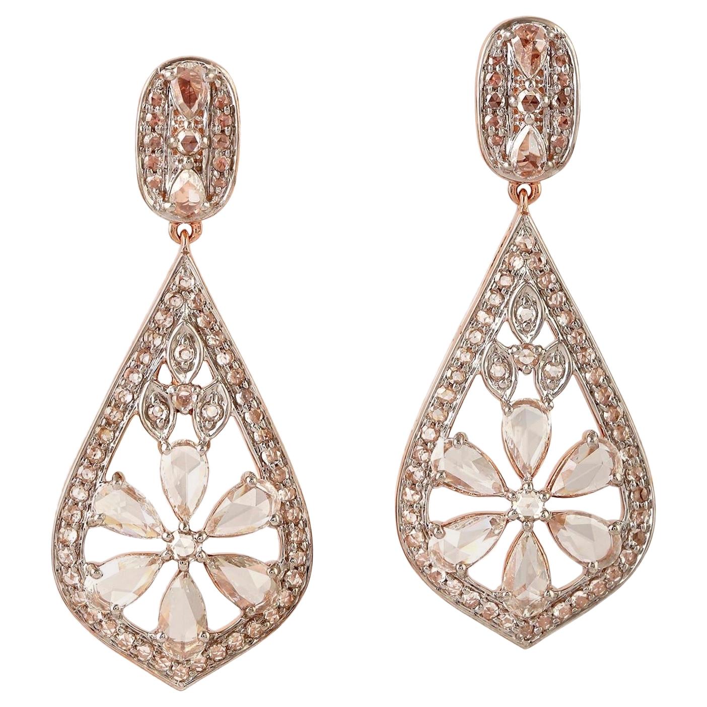 18 Karat Gold Rose Cut Diamond Flower Earrings For Sale