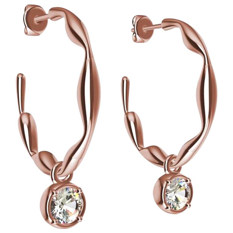 18 Karat Gold Rose Organic Dangle GIA Diamond Earring Hoops For Sale