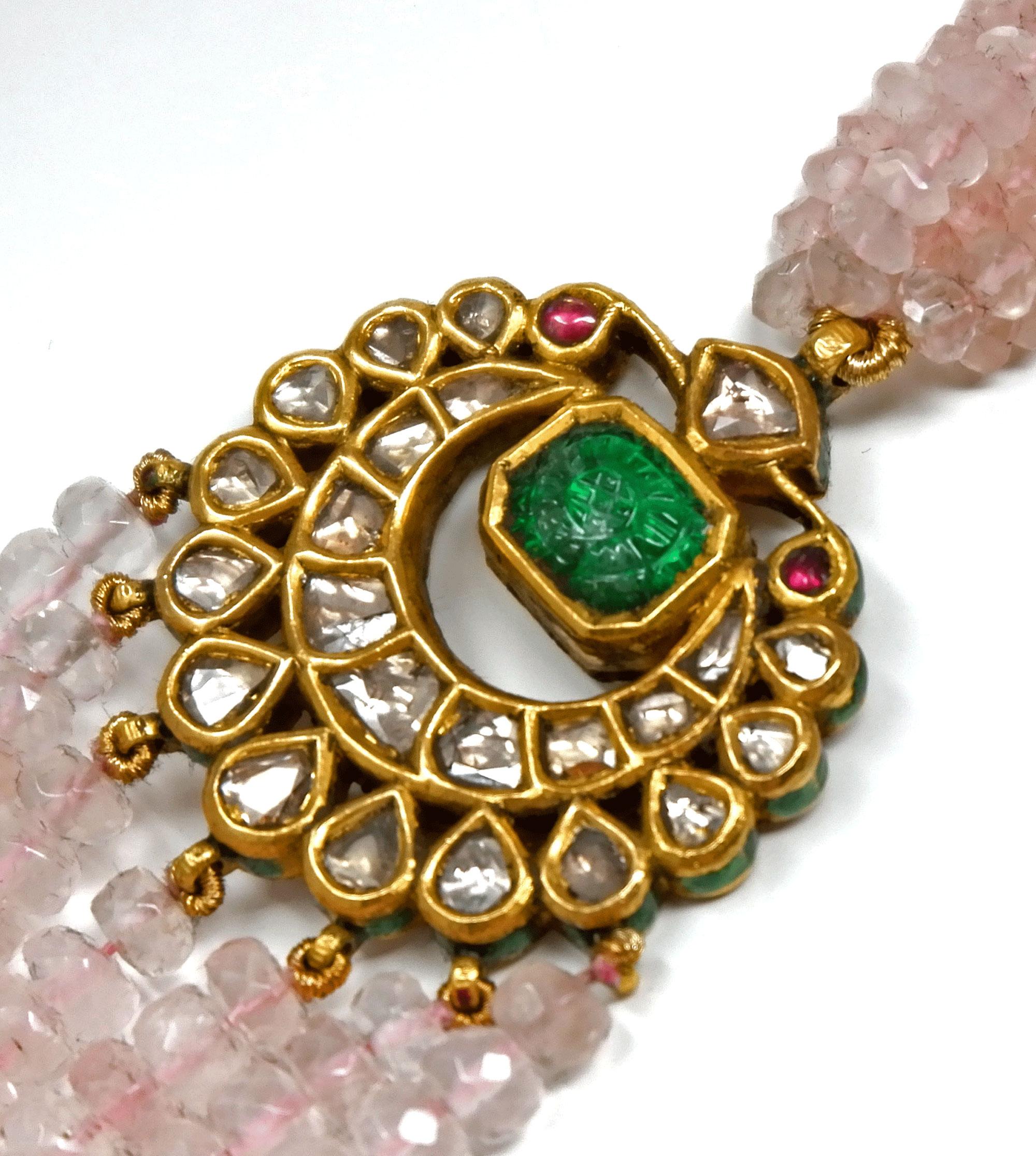 Contemporary 18 Karat Gold Rose Quartz Diamond and Ruby Kundan Necklace For Sale