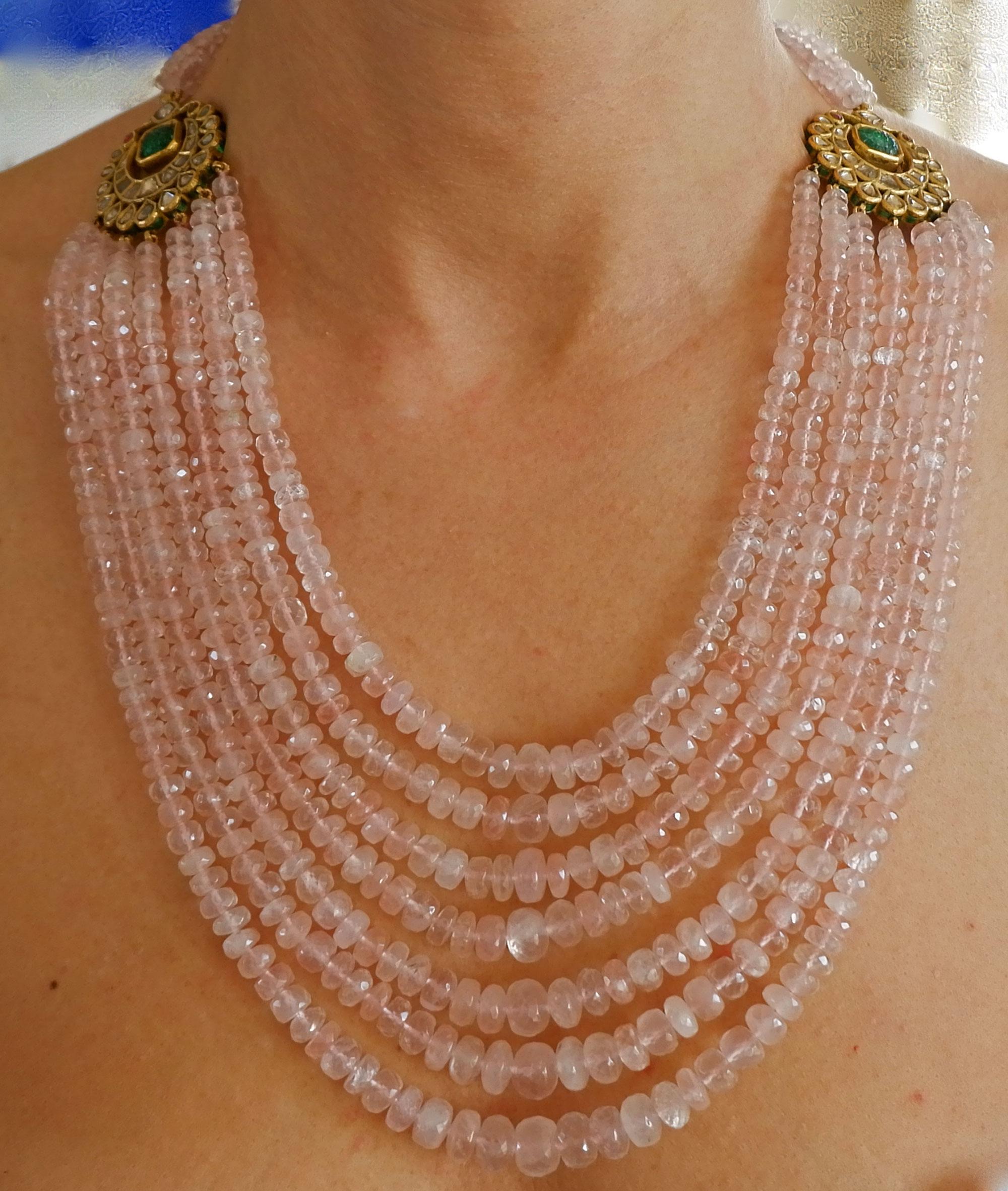 Women's 18 Karat Gold Rose Quartz Diamond and Ruby Kundan Necklace For Sale