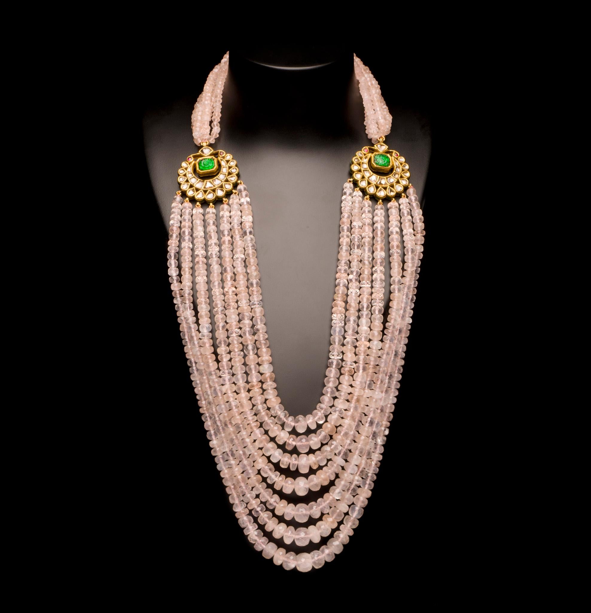 18 Karat Gold Rose Quartz Diamond and Ruby Kundan Necklace For Sale 1
