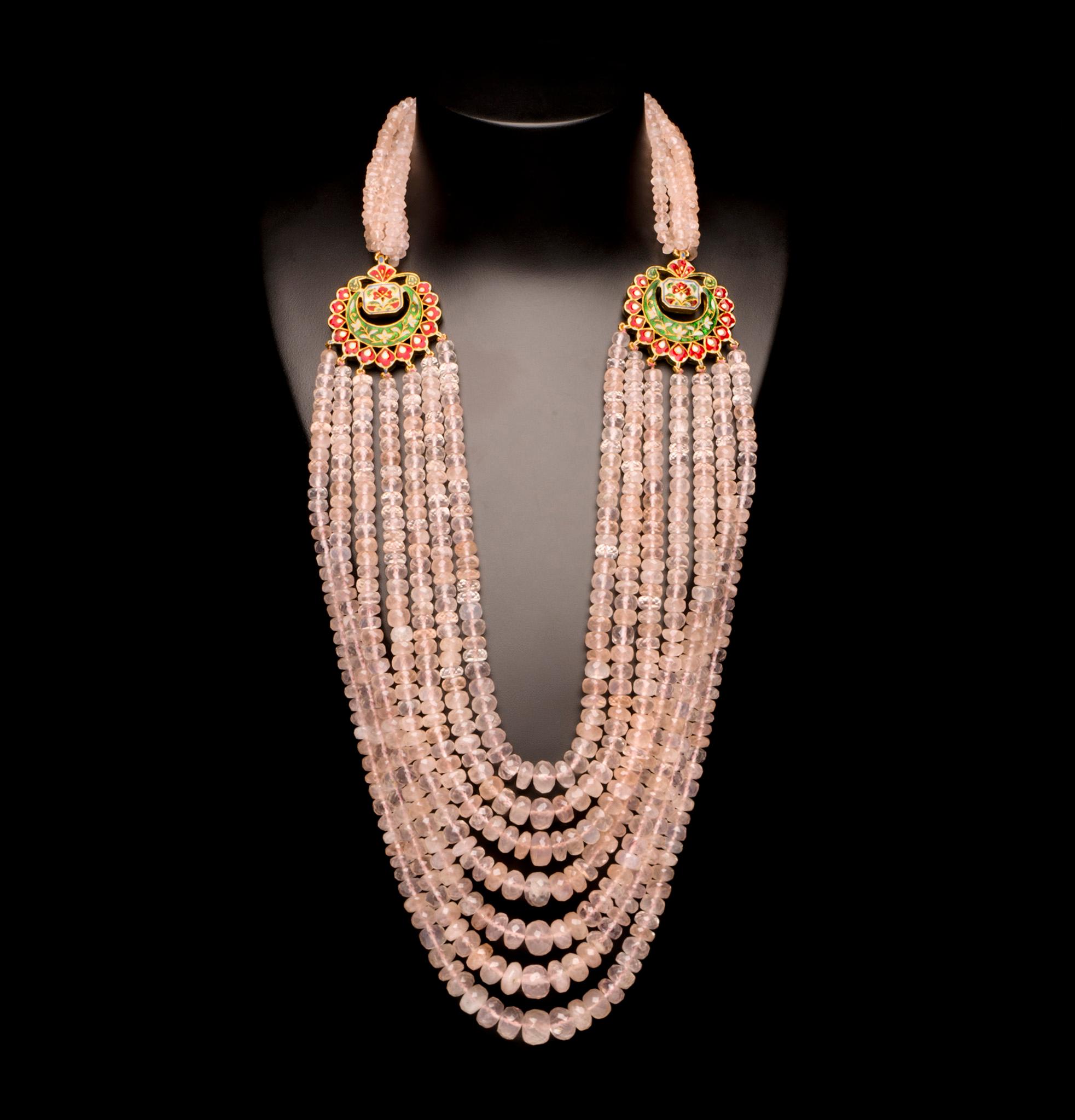 18 Karat Gold Rose Quartz Diamond and Ruby Kundan Necklace For Sale 2