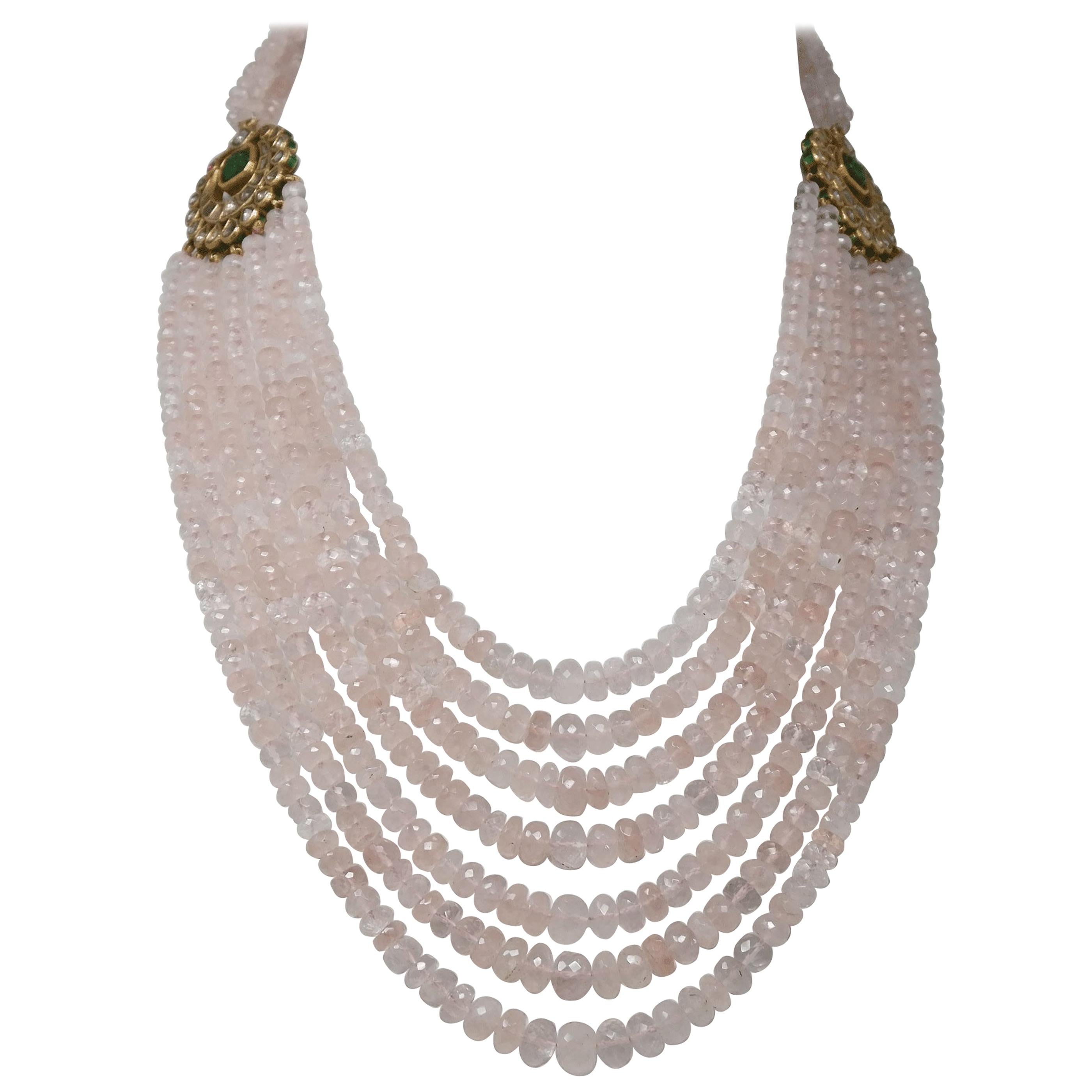 18 Karat Gold Rose Quartz Diamond and Ruby Kundan Necklace For Sale