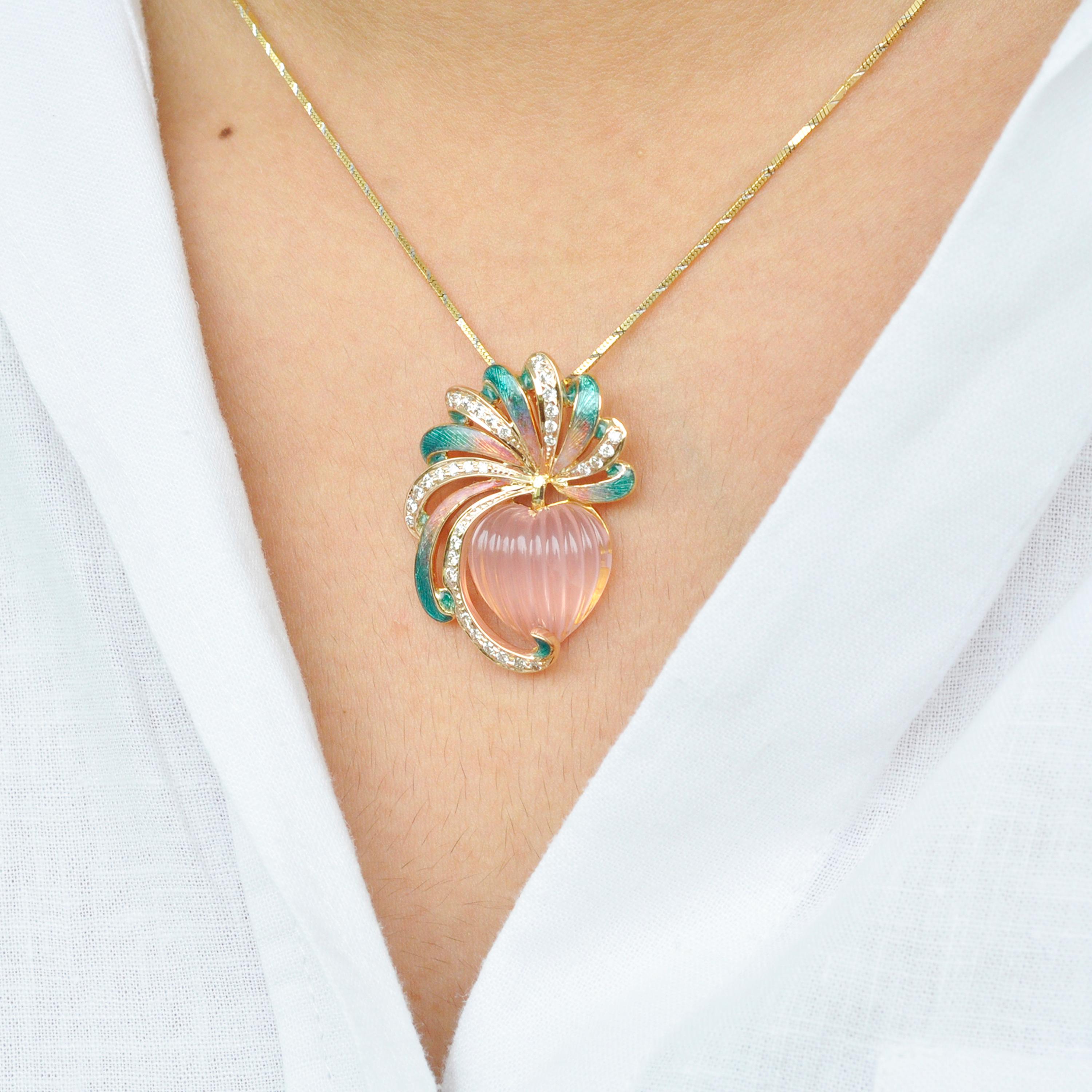 18 Karat Gold Rose Quartz Heart Carving French Enamel Diamond Pendant Necklace 4