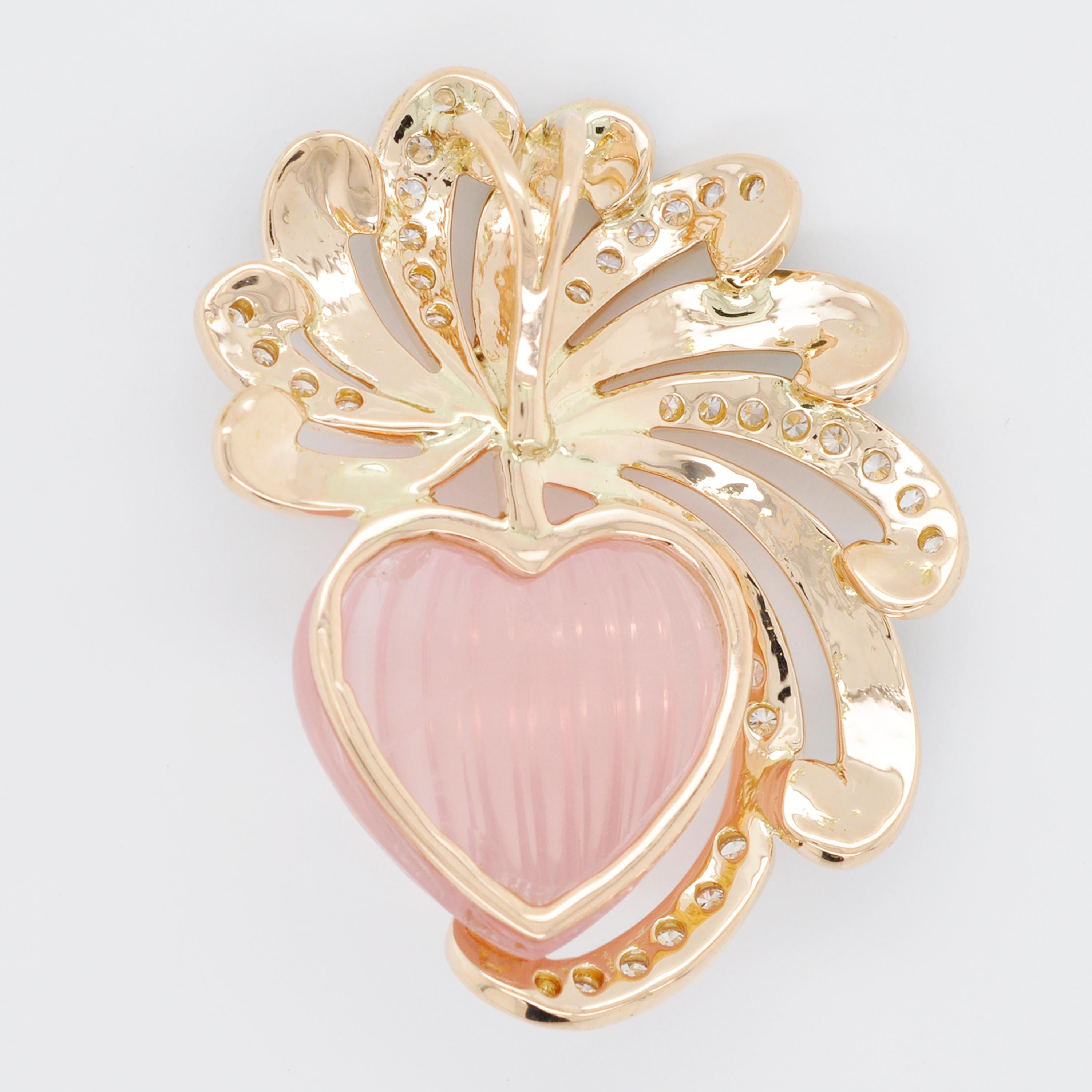 18 Karat Gold Rose Quartz Heart Carving French Enamel Diamond Pendant Necklace 3