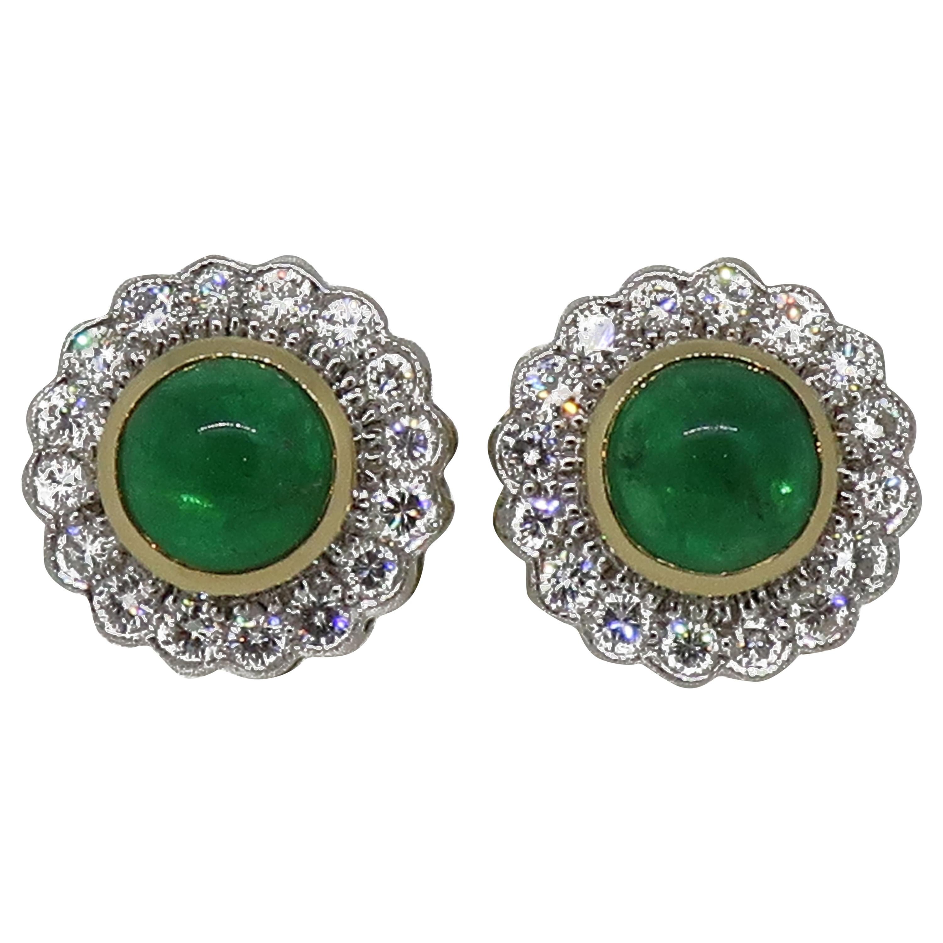 18 Karat Gold Round Cabochon Emerald and Diamond Art Deco Style Earrings For Sale