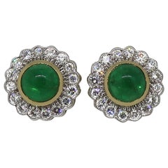 18 Karat Gold Round Cabochon Emerald and Diamond Art Deco Style Earrings
