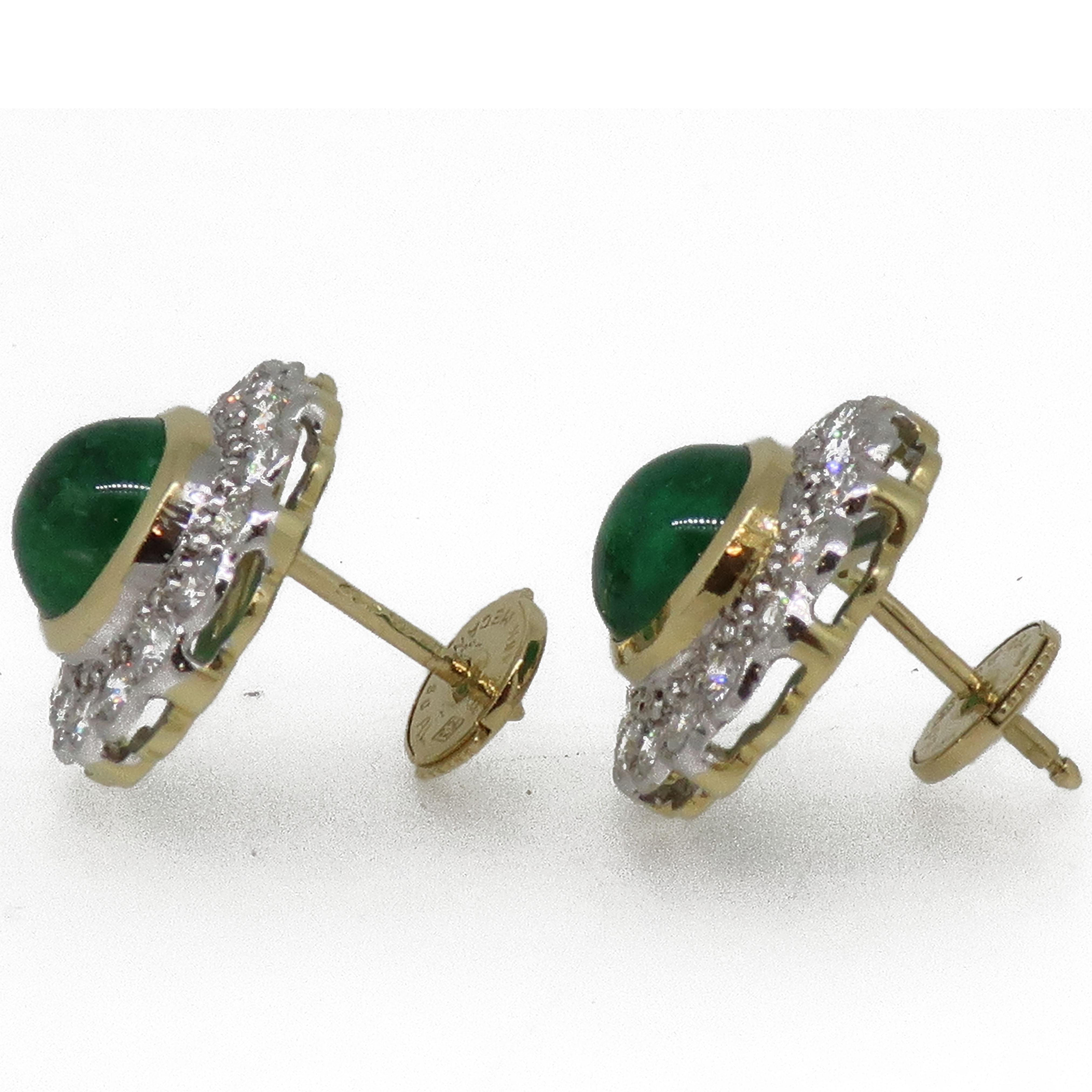 18 Karat Gold Round Cabochon Emerald & Diamond Art Deco Style Earrings.

Classic round cabochon emeralds and brilliant cut diamonds stud earrings. Central round emeralds encased in yellow gold flush setting, weighing 3.74ct in total. Surrounded by