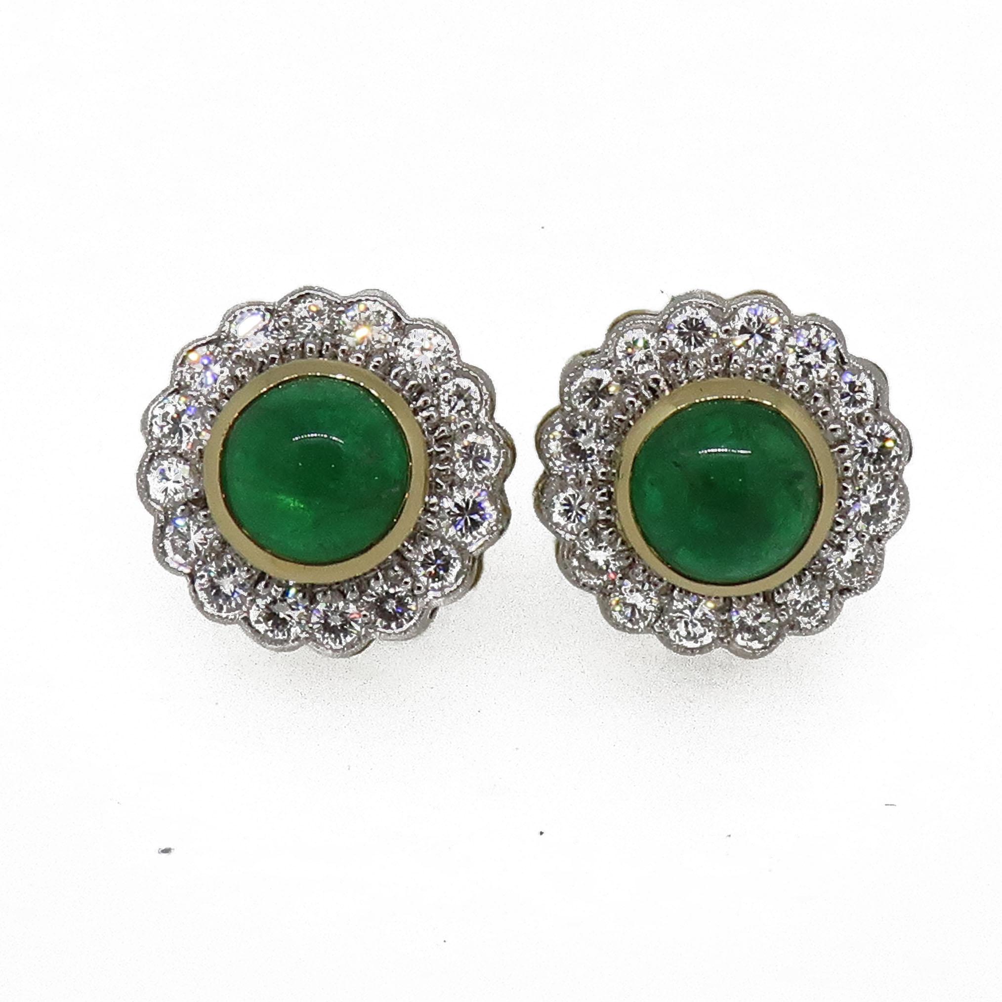 Women's 18 Karat Gold Round Cabochon Emerald and Diamond Art Deco Style Earrings For Sale