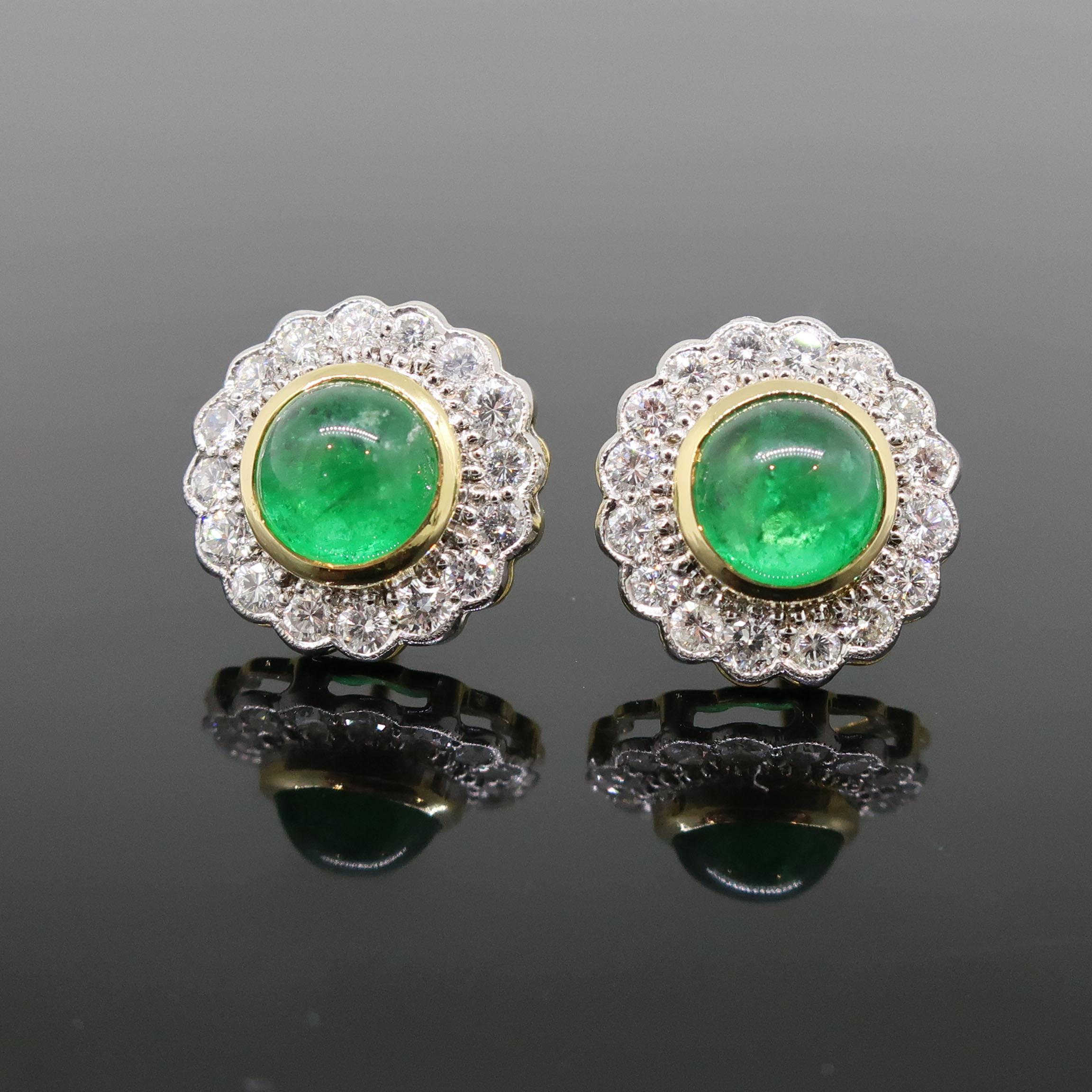 18 Karat Gold Round Cabochon Emerald and Diamond Art Deco Style Earrings For Sale 1