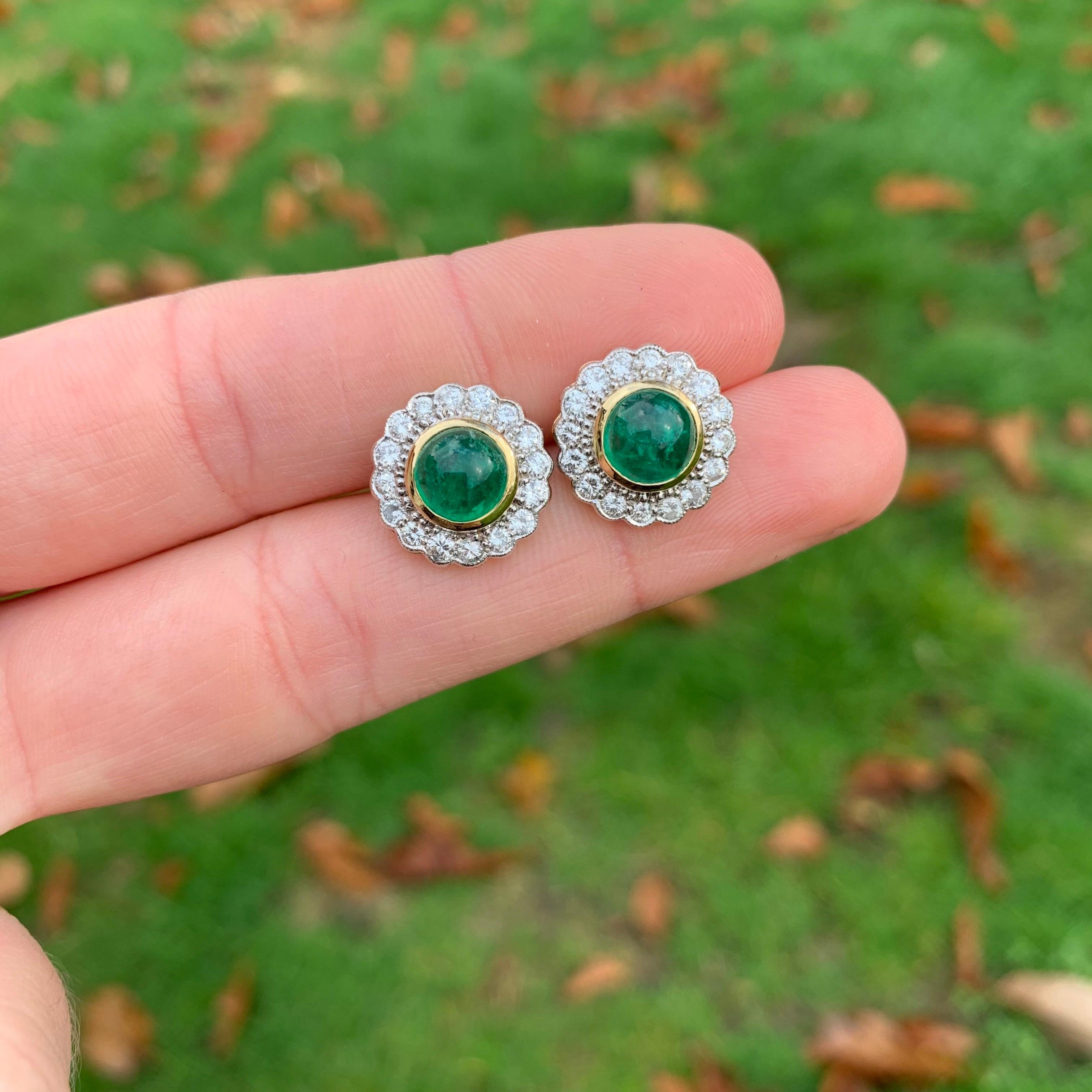 18 Karat Gold Round Cabochon Emerald and Diamond Art Deco Style Earrings For Sale 2