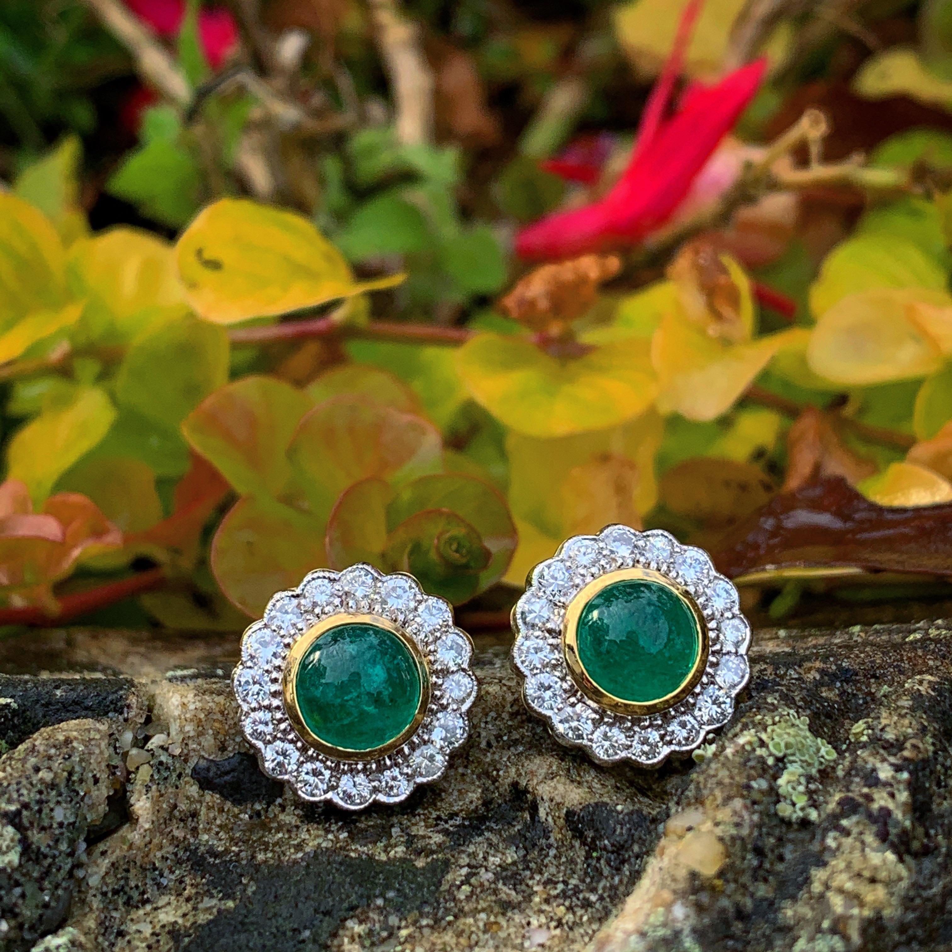 18 Karat Gold Round Cabochon Emerald and Diamond Art Deco Style Earrings For Sale 3