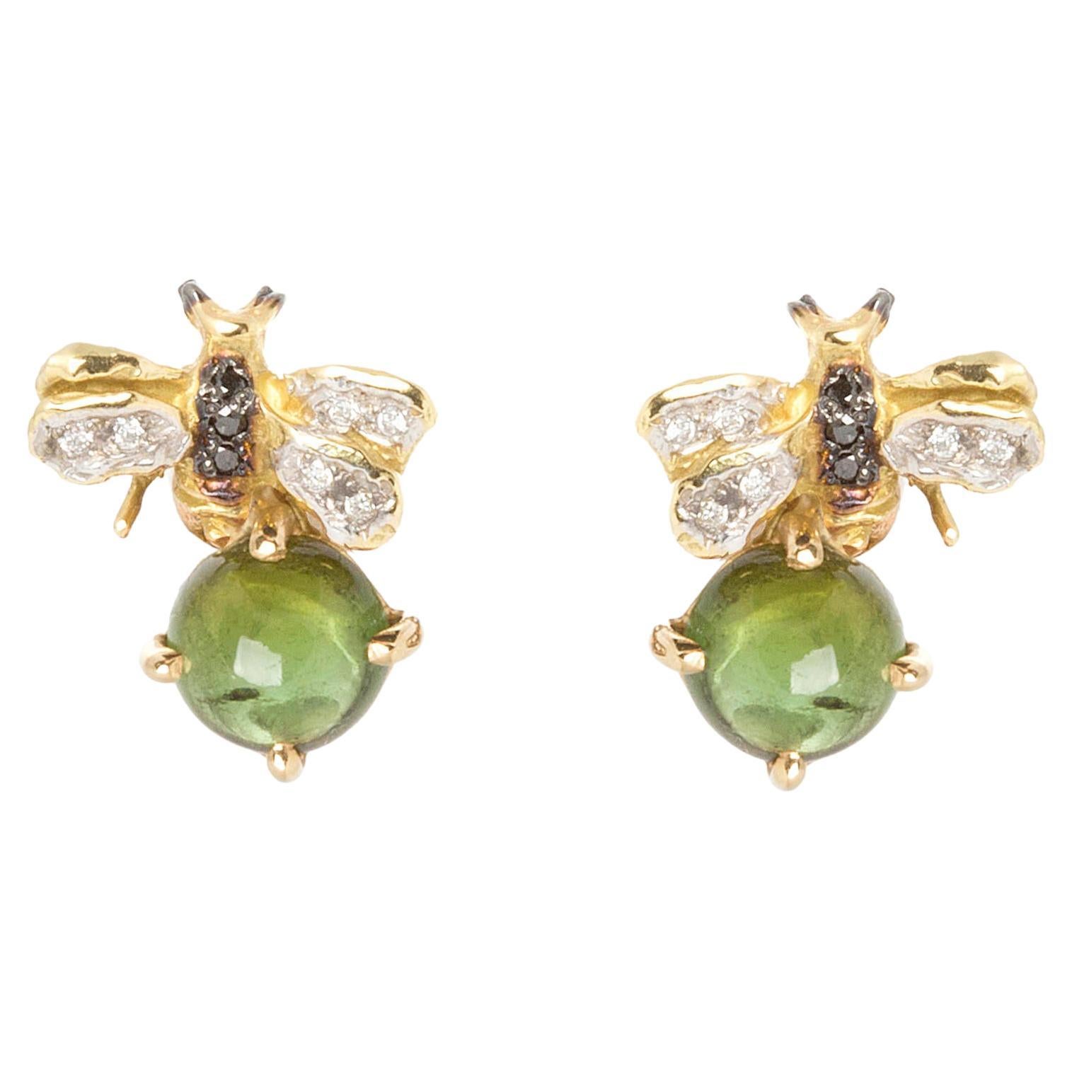 Pendientes de oro de 18 quilates talla redonda turmalina verde diamantes blancos y negros abejas en venta