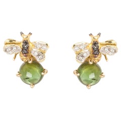 18 Karat Gold Round Cut Green Tourmaline Black&White Diamonds Bees Stud Earrings