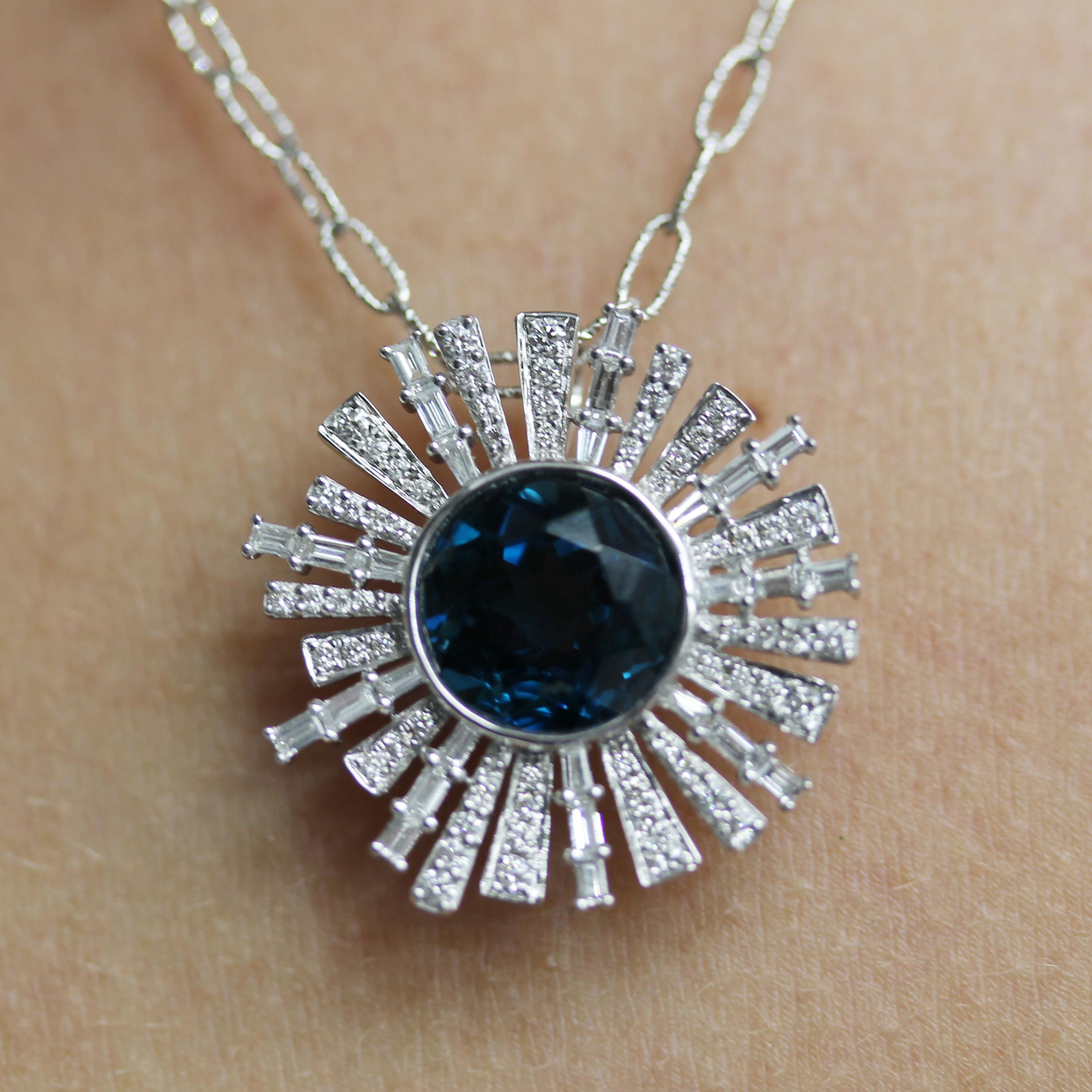 Artisan 18 Karat Gold Round Pendant Necklace with London Blue Topaz & Baguette Diamonds For Sale