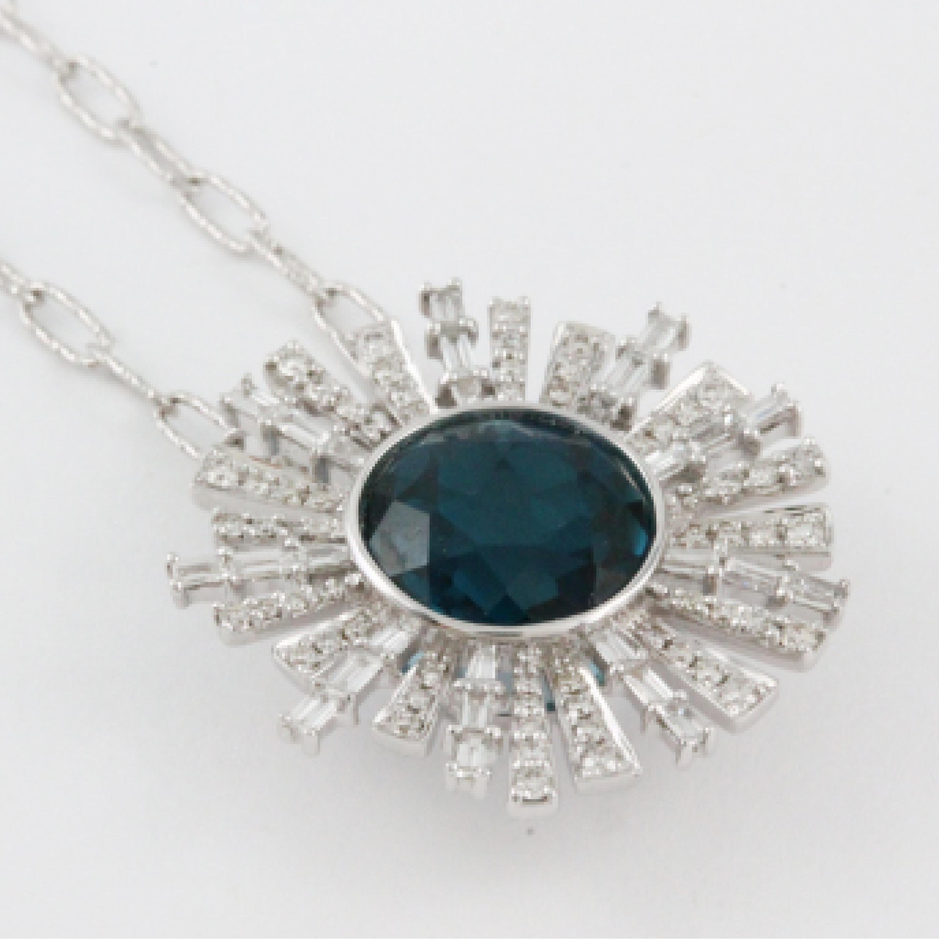 Round Cut 18 Karat Gold Round Pendant Necklace with London Blue Topaz & Baguette Diamonds For Sale