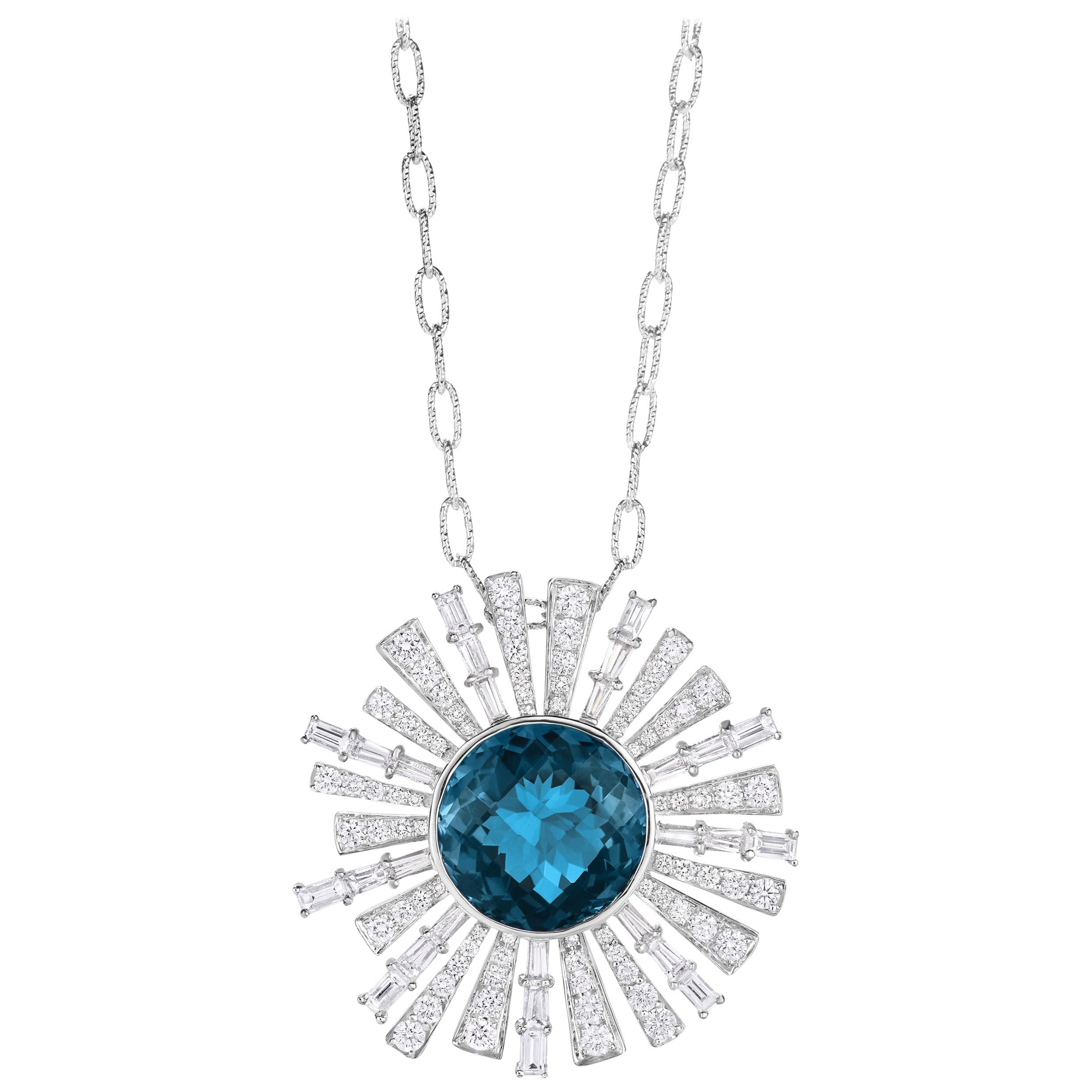 18 Karat Gold Round Pendant Necklace with London Blue Topaz & Baguette Diamonds For Sale