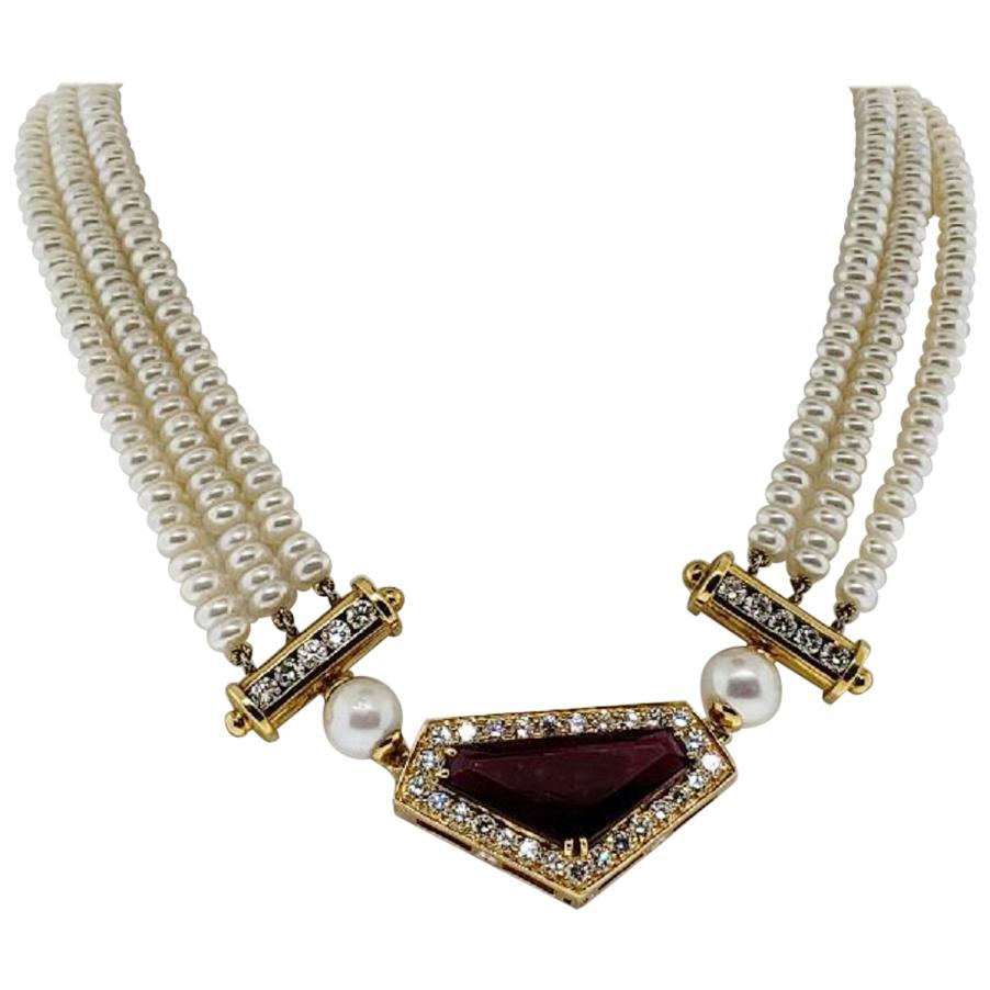 18 Karat Gold, Rubelite '11.17 Carat' Diamond '2.48 Carat' and Pearl Necklace For Sale