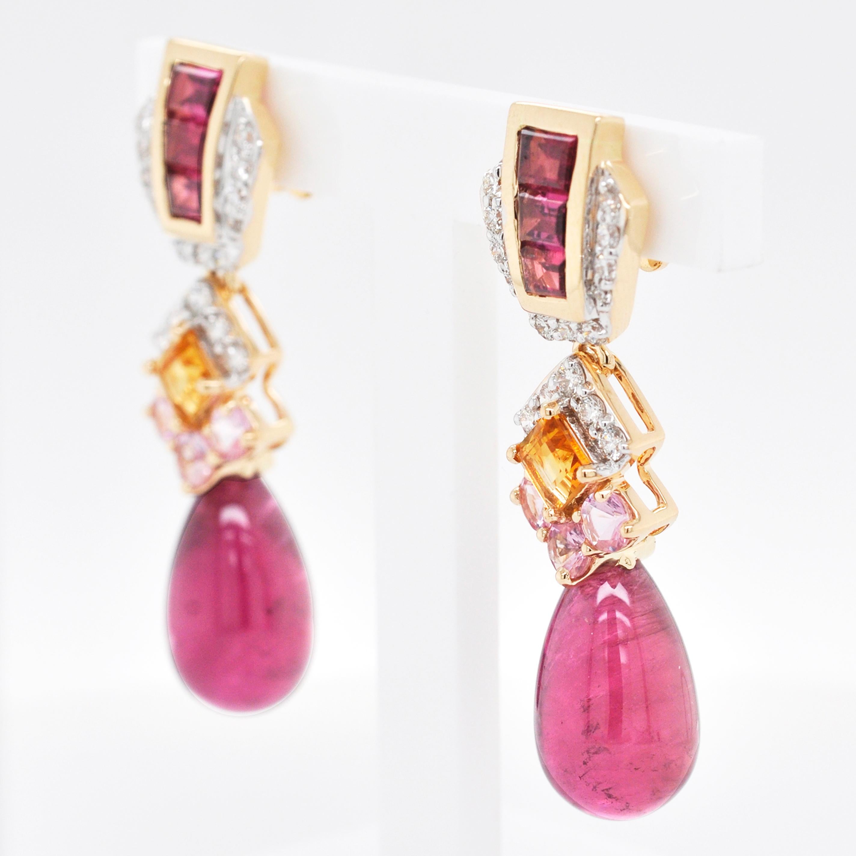 18 Karat Gold Rubellit Tropfen rosa Turmalin Baguette Citrin Diamant-Ohrringe im Angebot 5