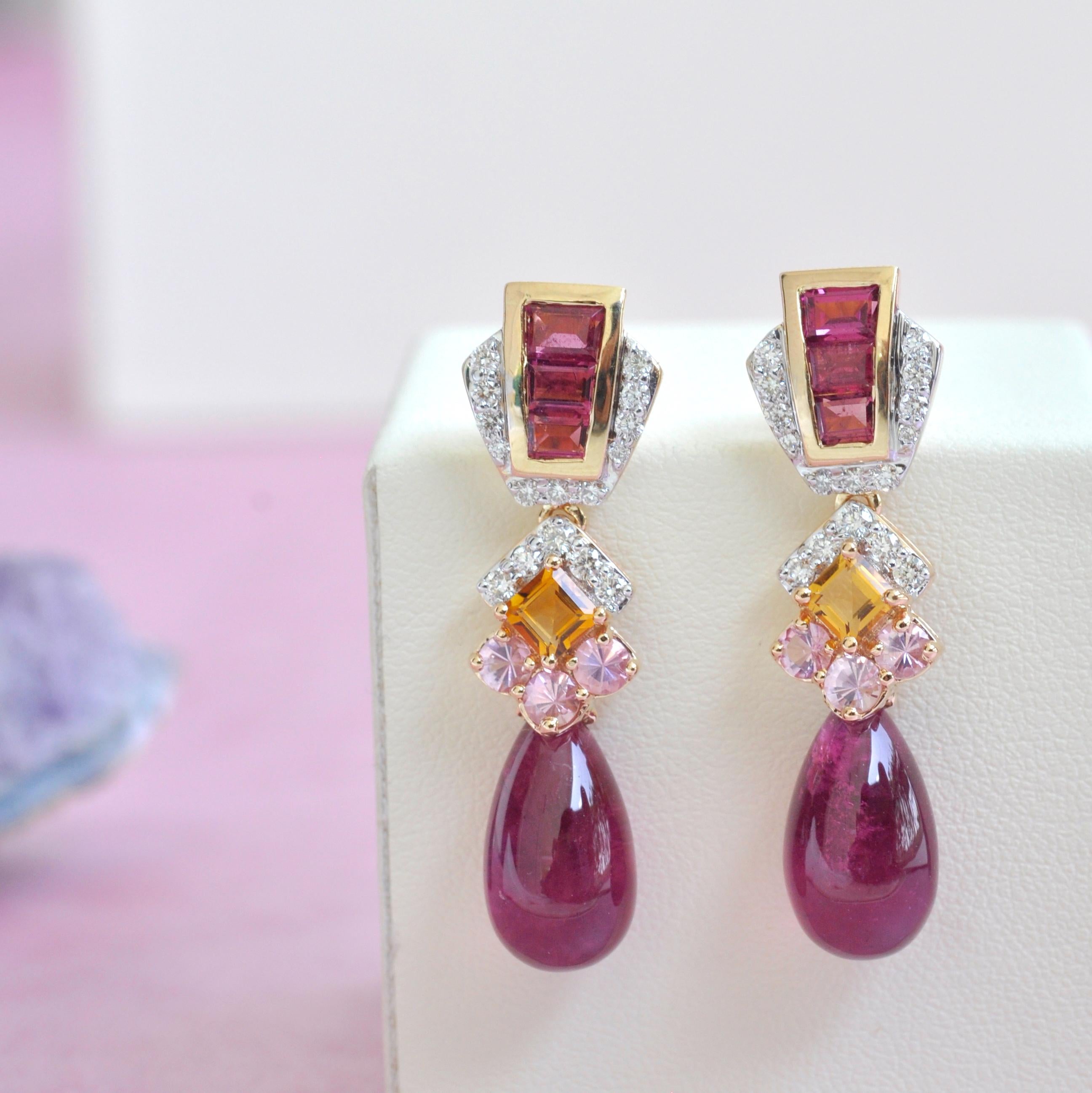 18 Karat Gold Rubellite Drop Pink Tourmaline Baguette Citrine Diamond Earrings In New Condition For Sale In Jaipur, Rajasthan