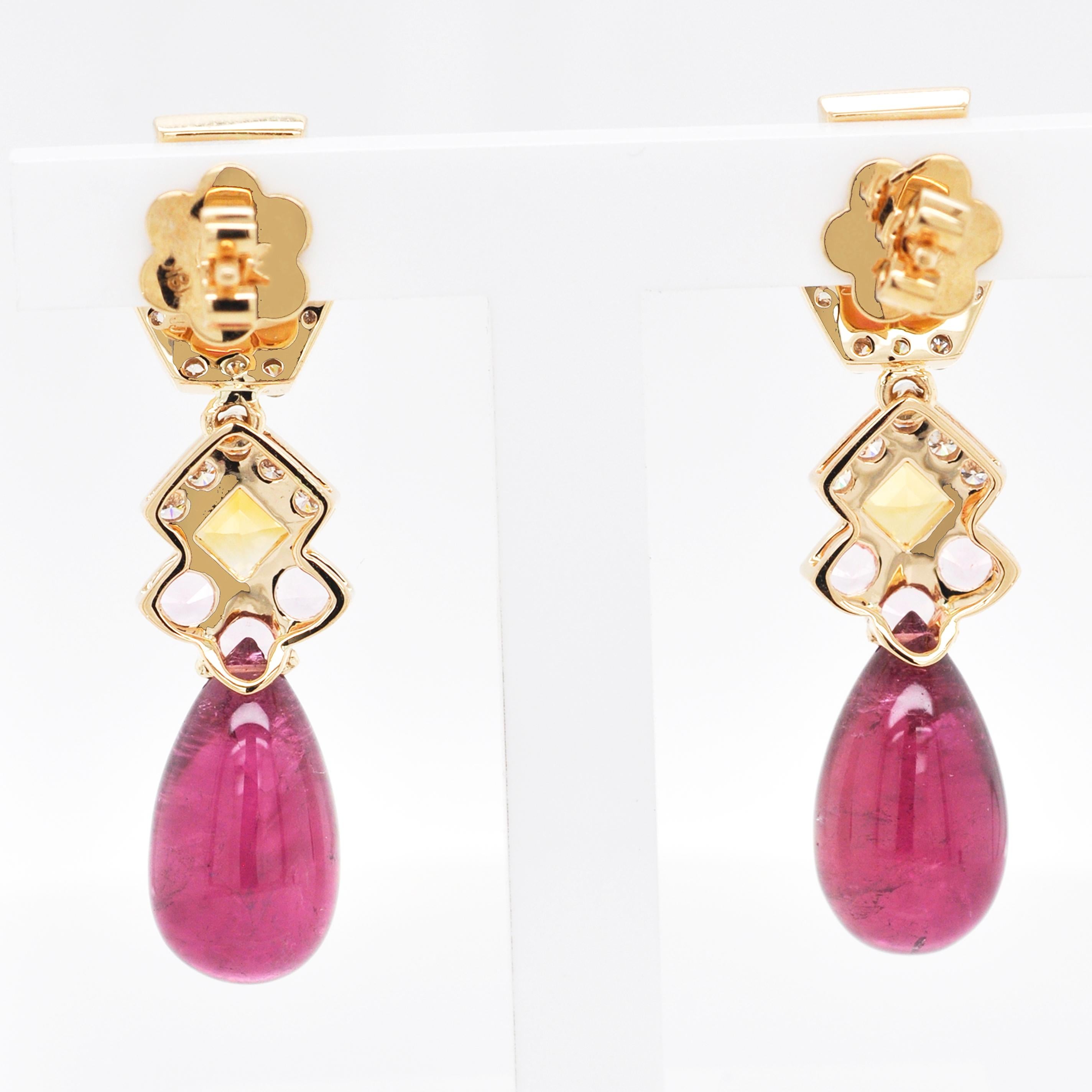 18 Karat Gold Rubellit Tropfen rosa Turmalin Baguette Citrin Diamant-Ohrringe im Angebot 6