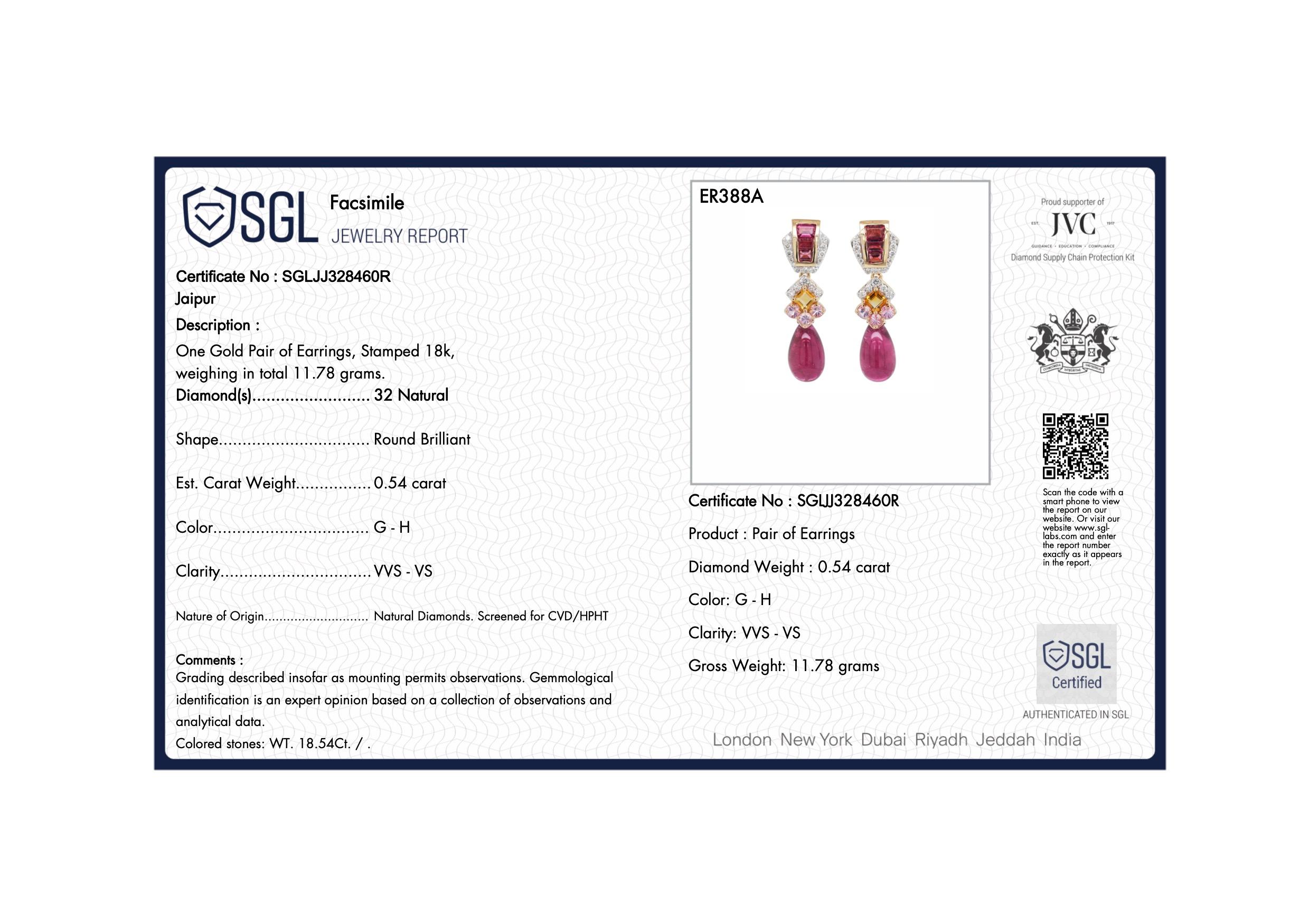 18 Karat Gold Rubellit Tropfen rosa Turmalin Baguette Citrin Diamant-Ohrringe im Angebot 3