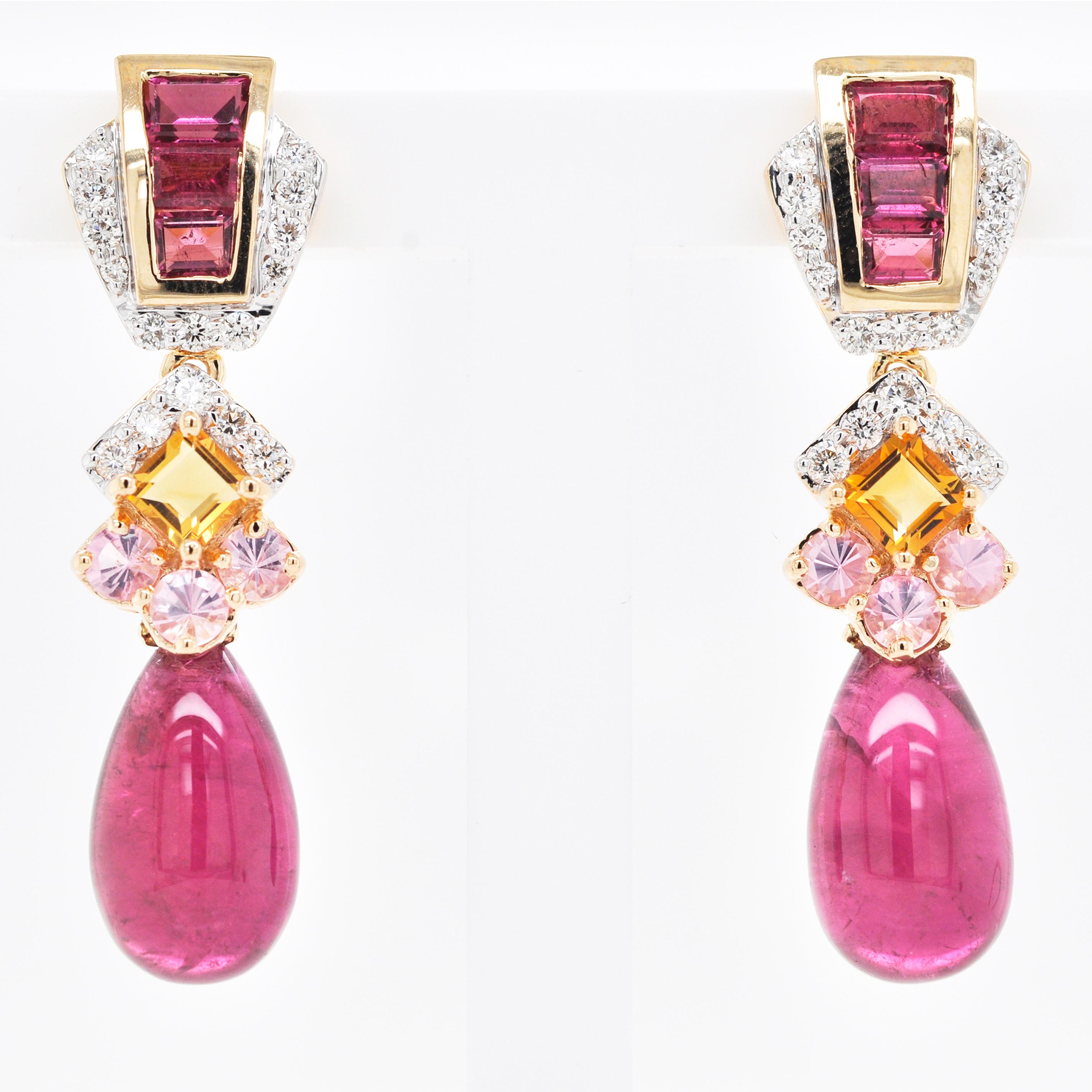 18 Karat Gold Rubellit Tropfen rosa Turmalin Baguette Citrin Diamant-Ohrringe (Baguette-Treppenschliff) im Angebot