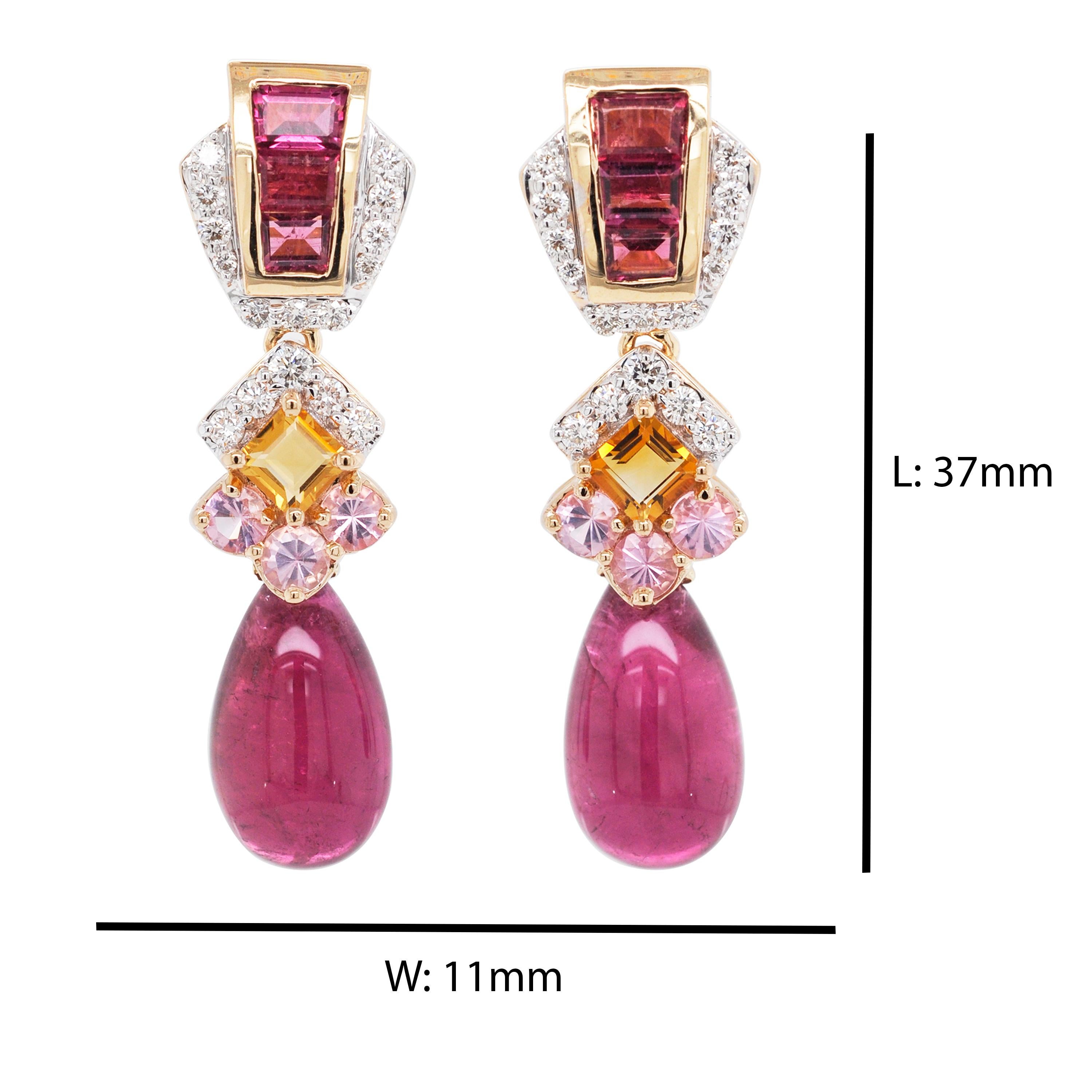 18 Karat Gold Rubellit Tropfen rosa Turmalin Baguette Citrin Diamant-Ohrringe (Zeitgenössisch) im Angebot