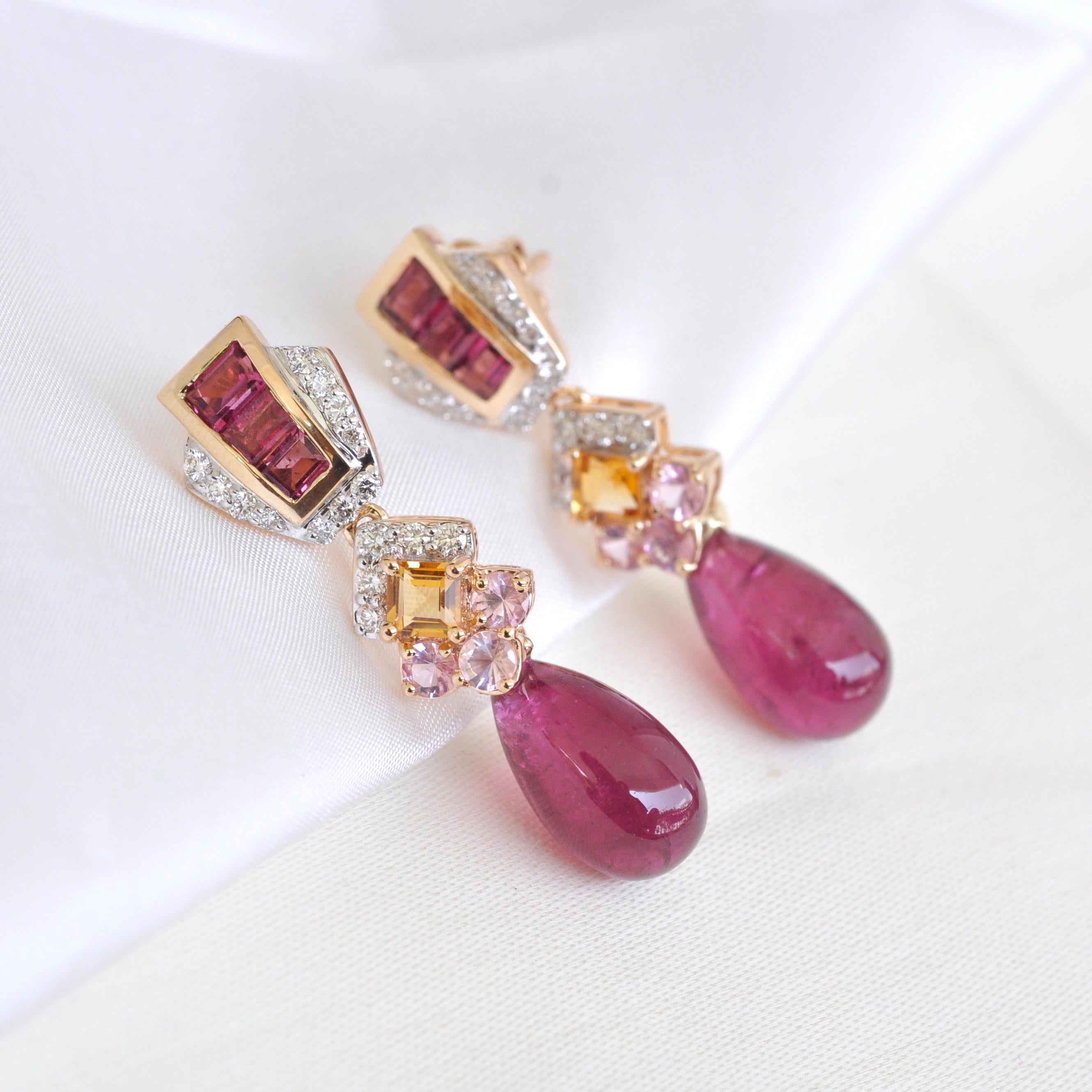 18 Karat Gold Rubellit Tropfen rosa Turmalin Baguette Citrin Diamant-Ohrringe im Zustand „Neu“ im Angebot in Jaipur, Rajasthan