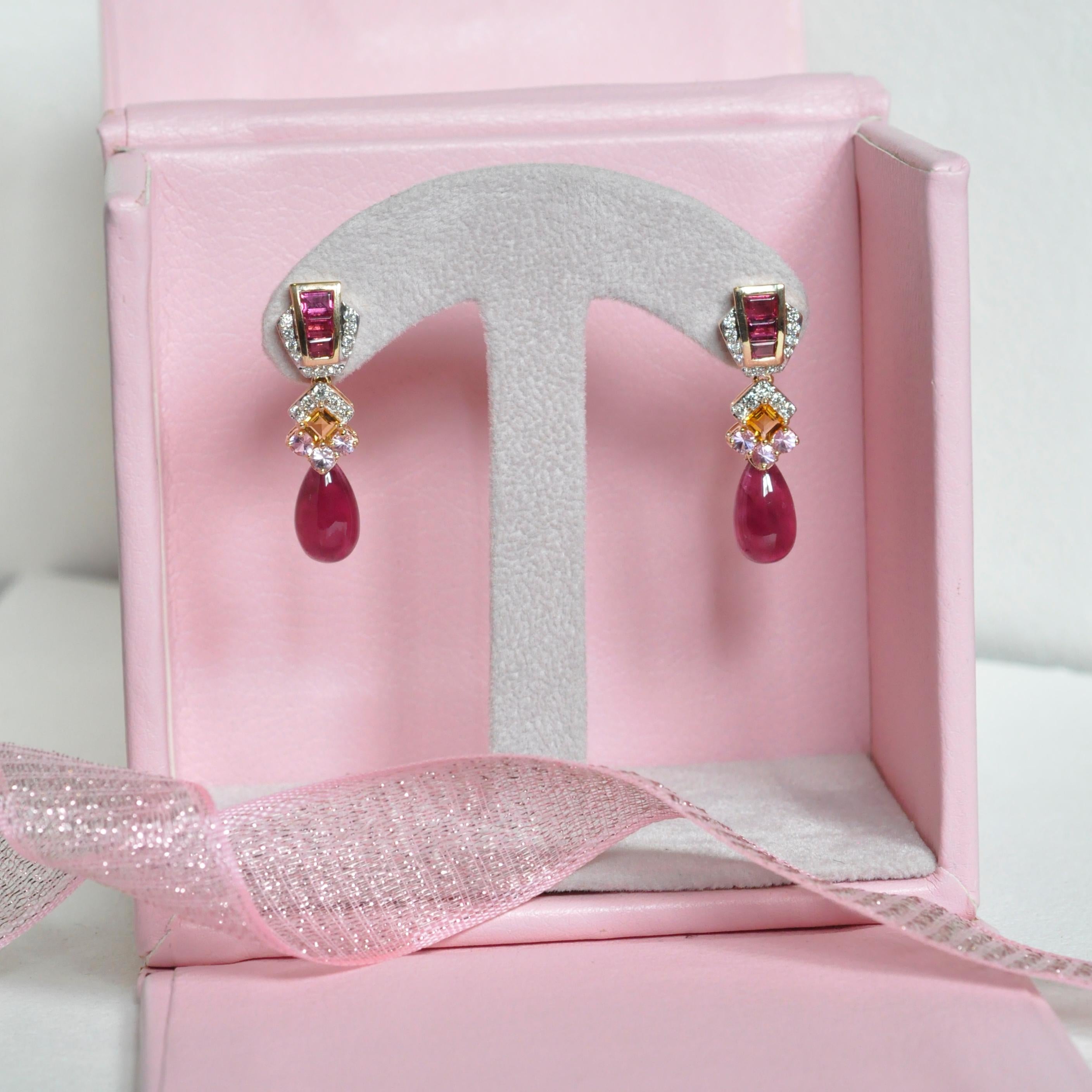 Contemporary 18 Karat Gold Rubellite Drop Pink Tourmaline Baguette Citrine Diamond Earrings For Sale
