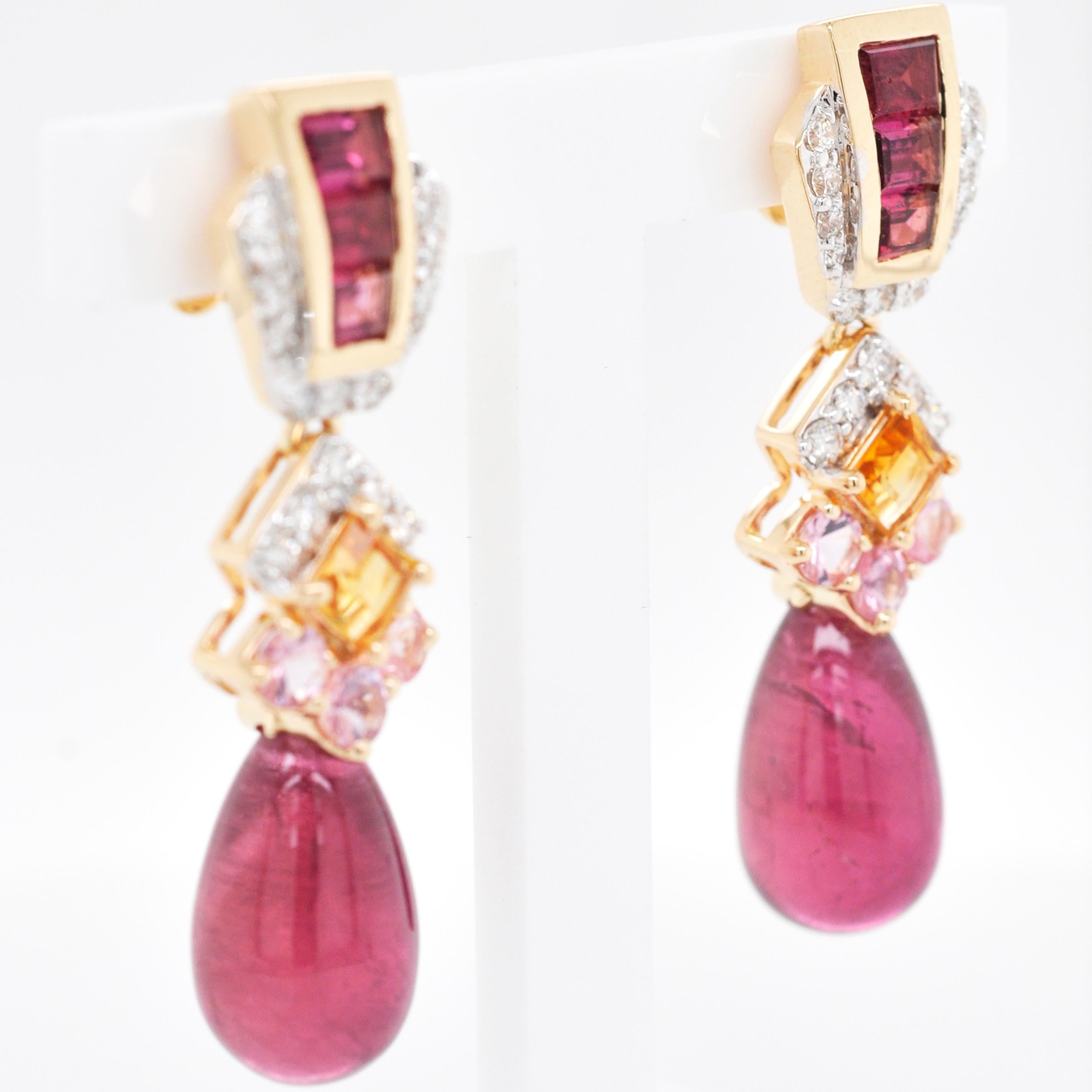 18 Karat Gold Rubellite Drop Pink Tourmaline Baguette Citrine Diamond Earrings For Sale 1