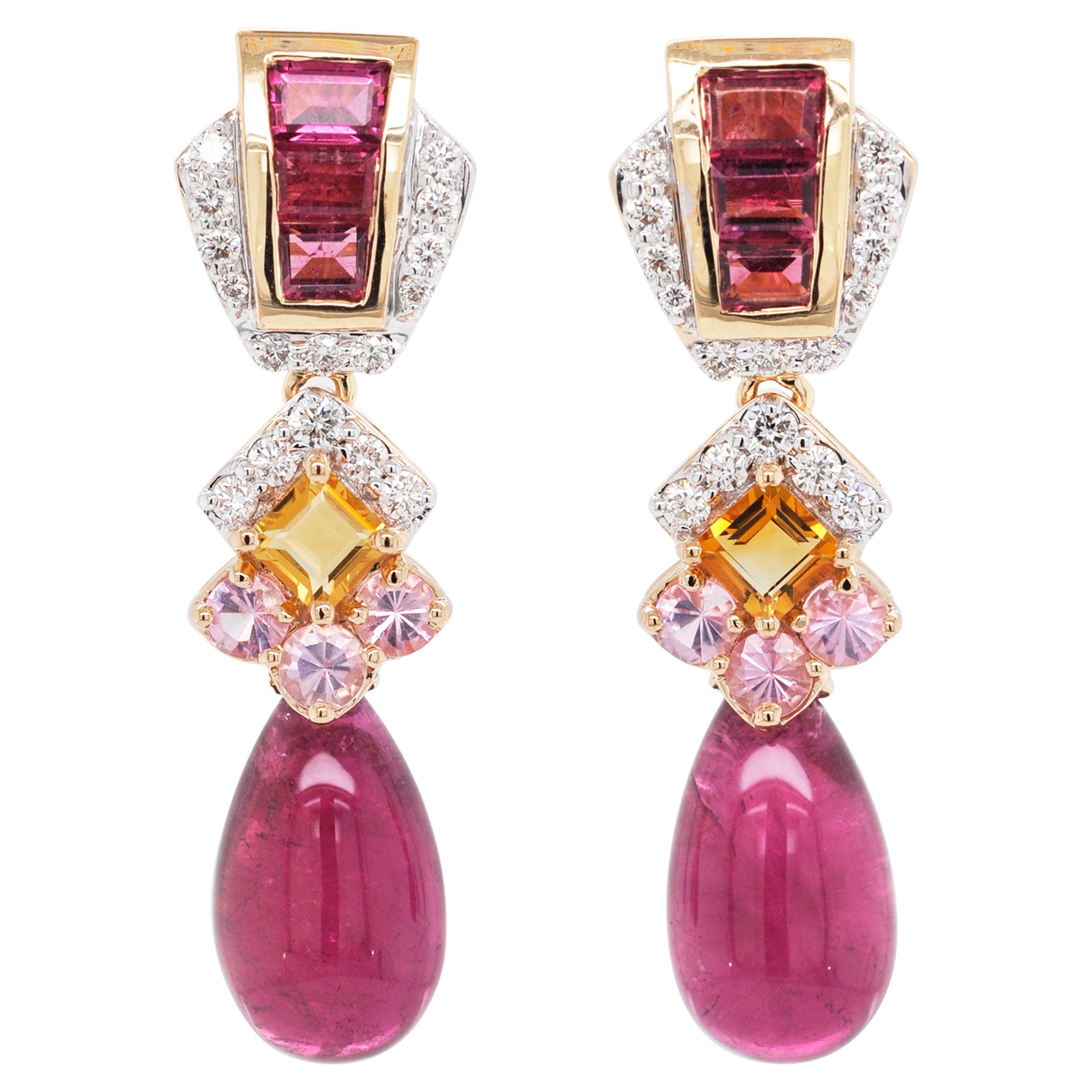 18 Karat Gold Rubellit Tropfen rosa Turmalin Baguette Citrin Diamant-Ohrringe im Angebot