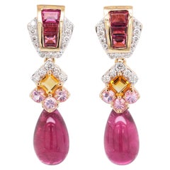 18 Karat Gold Rubellite Drop Pink Tourmaline Baguette Citrine Diamond Earrings