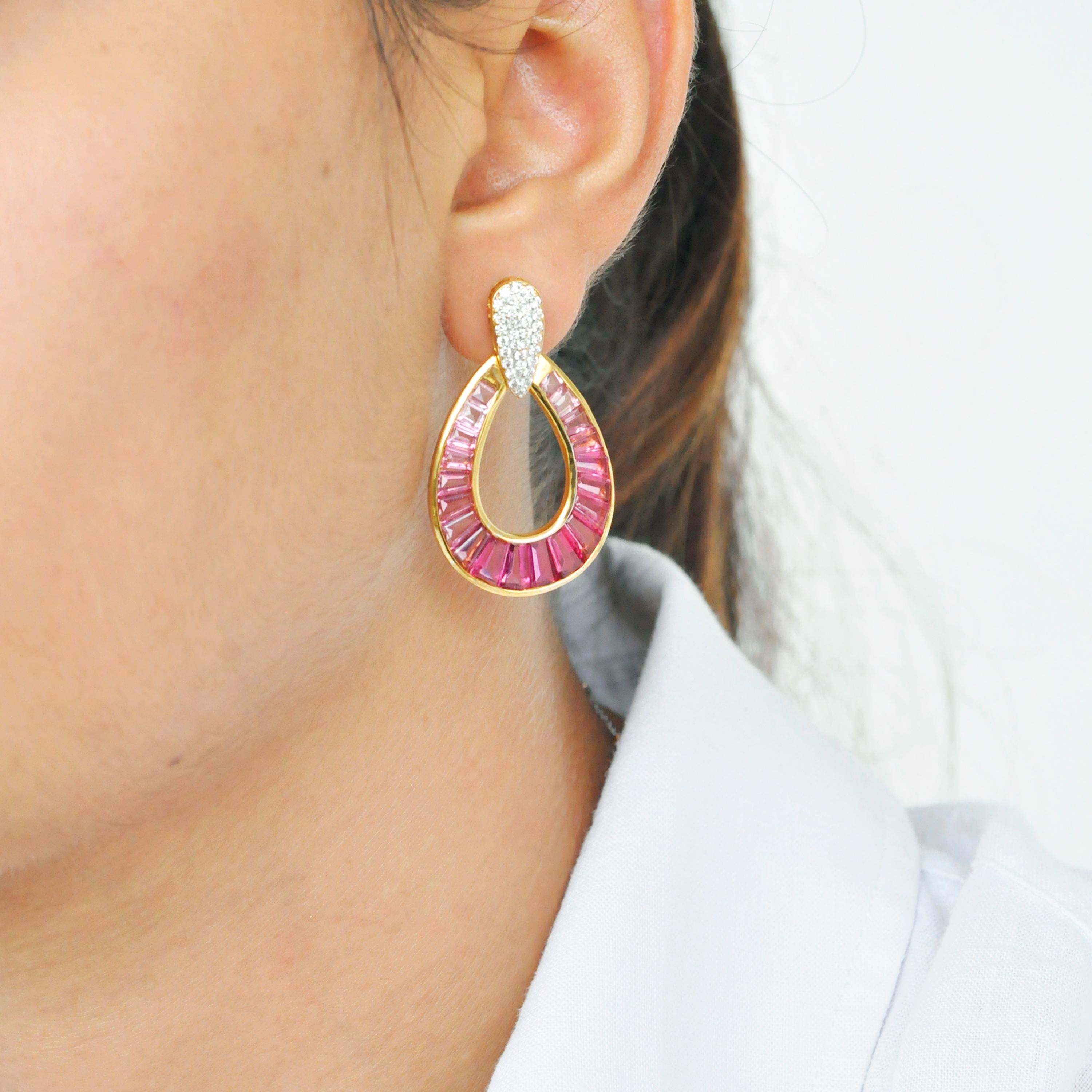 Tapered Baguette 18 Karat Gold Rubellite Pink Tourmaline Baguette Diamond Dangling Drop Earrings