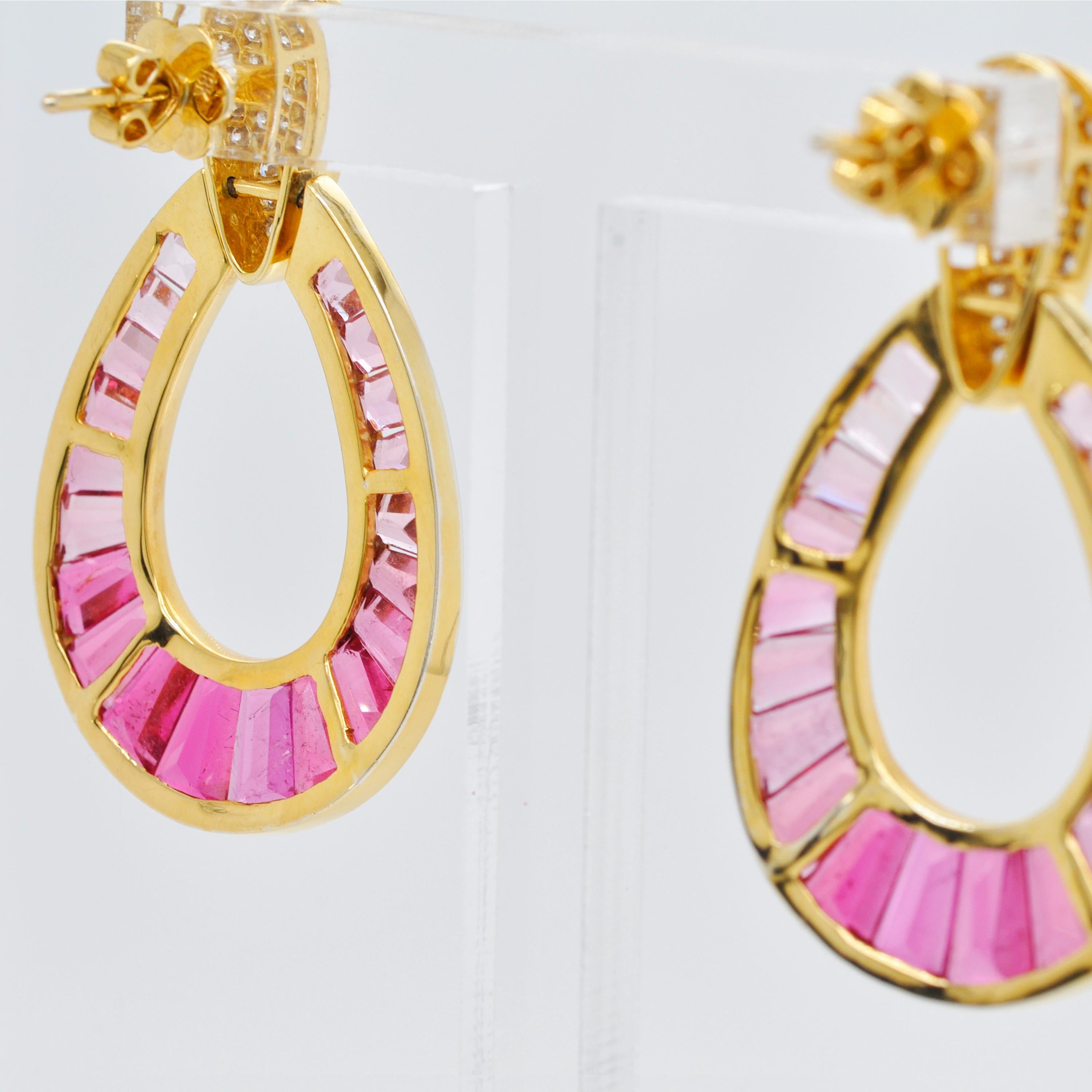 18 Karat Gold Rubellite Pink Tourmaline Baguette Diamond Dangling Drop Earrings 3