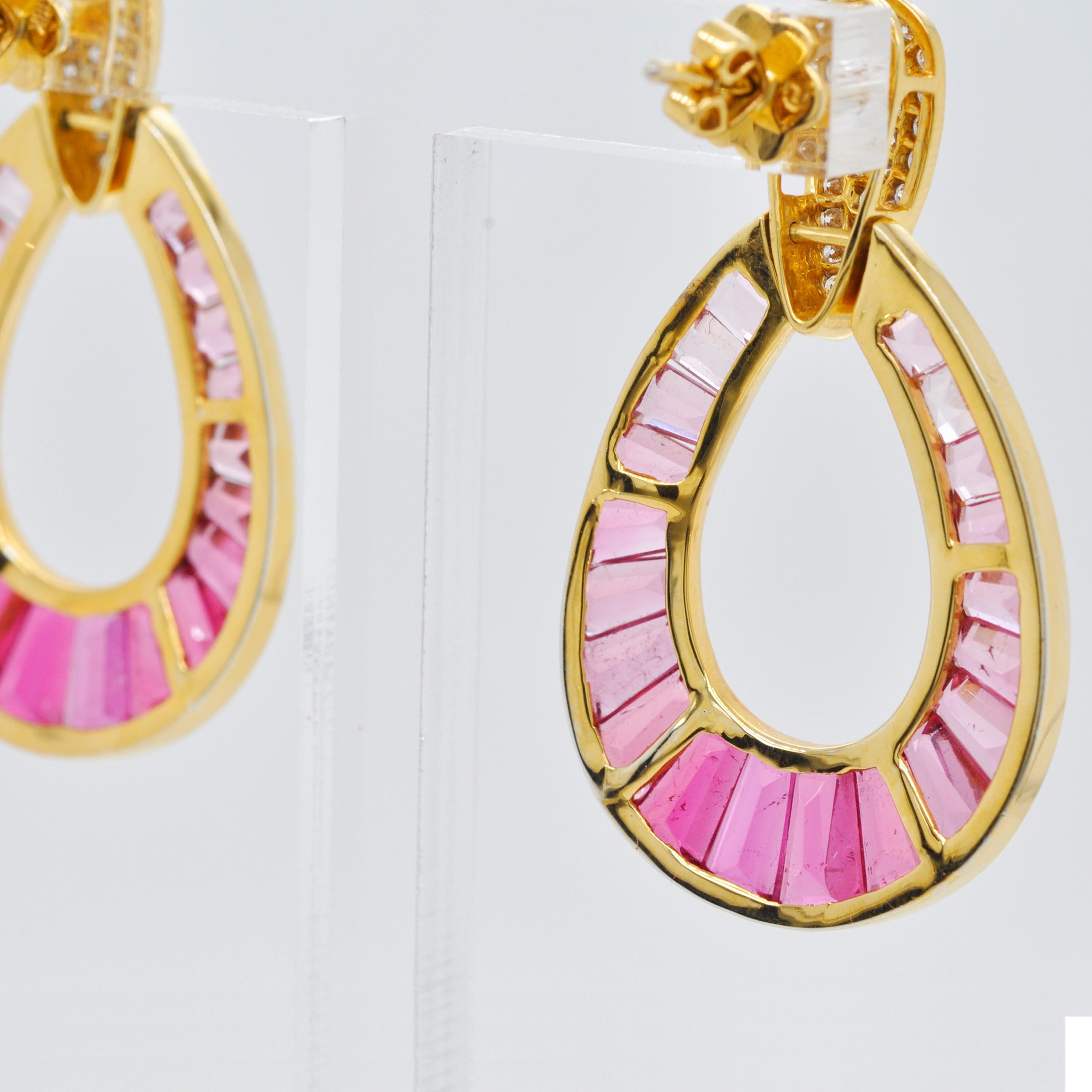 18 Karat Gold Rubellite Pink Tourmaline Baguette Diamond Dangling Drop Earrings 4
