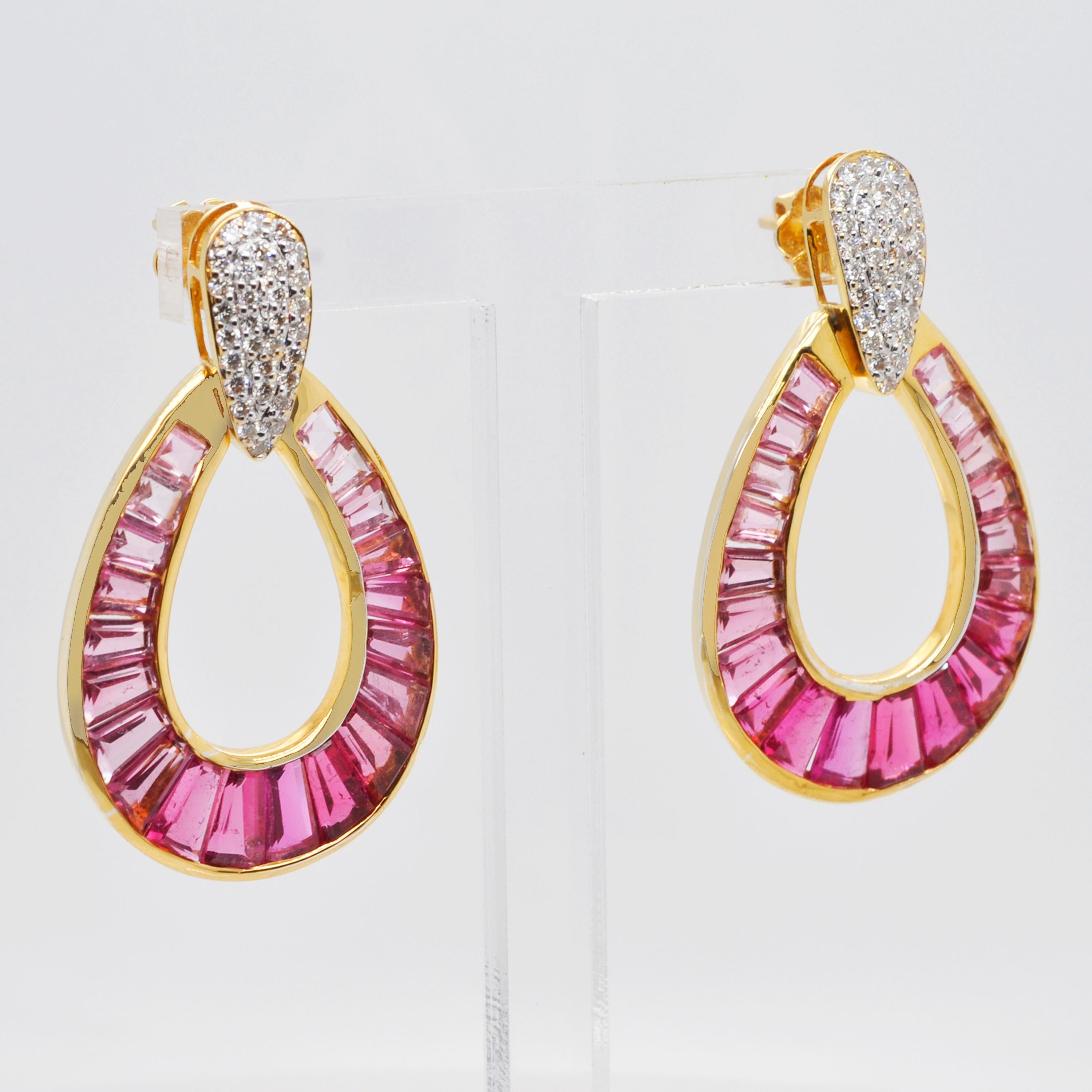 18 Karat Gold Rubellite Pink Tourmaline Baguette Diamond Dangling Drop Earrings 5