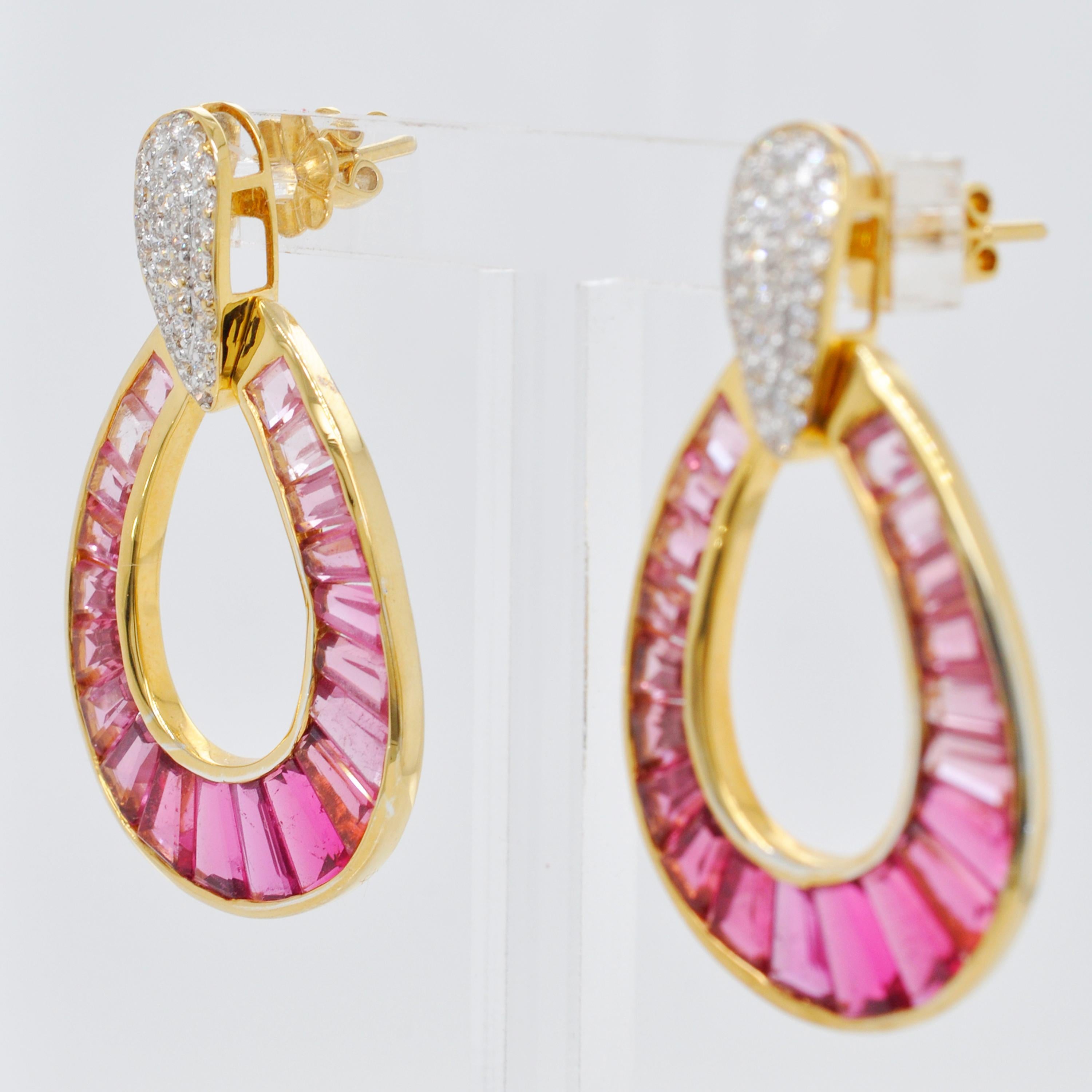 18 Karat Gold Rubellite Pink Tourmaline Baguette Diamond Dangling Drop Earrings 6