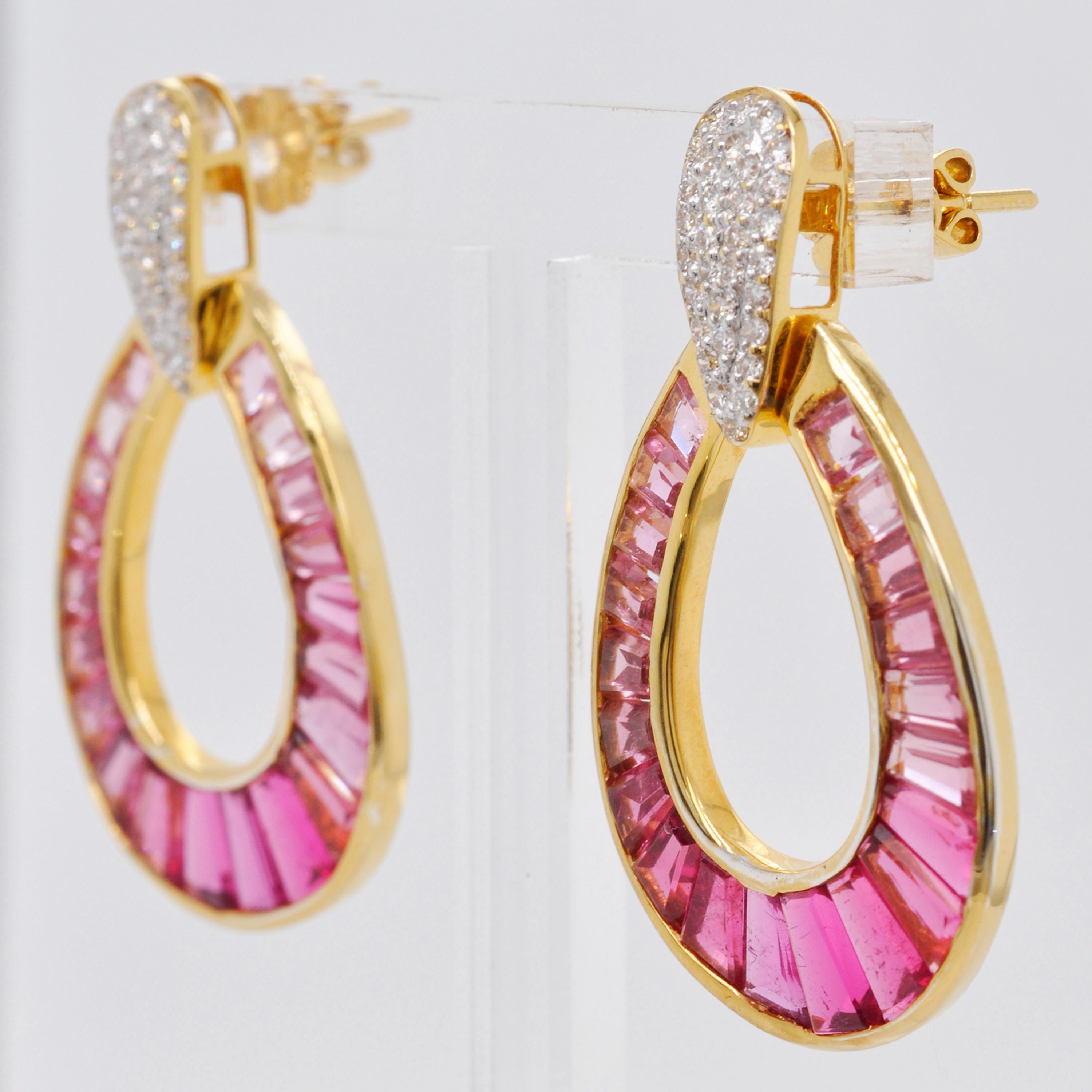 18 Karat Gold Rubellite Pink Tourmaline Baguette Diamond Dangling Drop Earrings 7