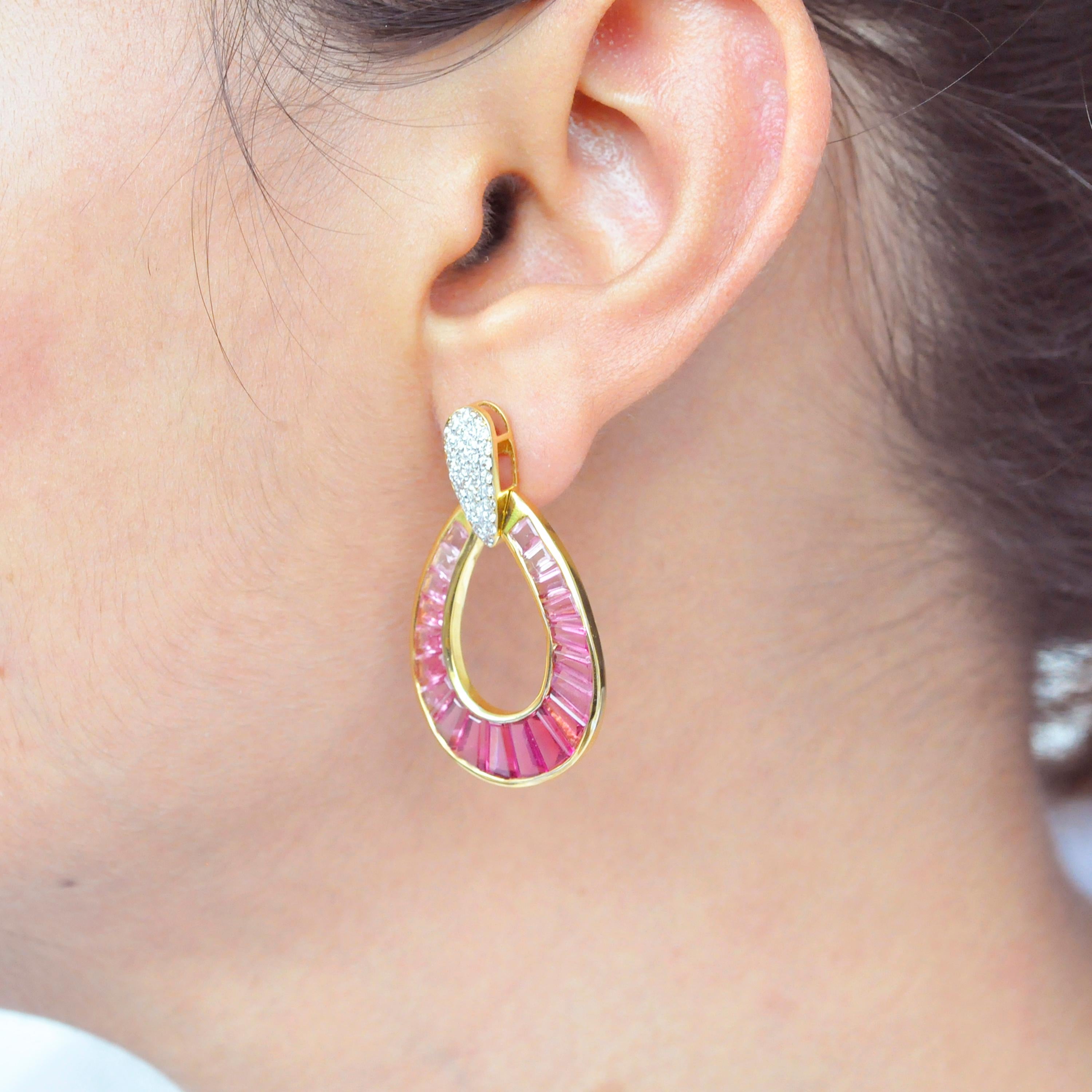 18 Karat Gold Rubellite Pink Tourmaline Baguette Diamond Dangling Drop Earrings 1