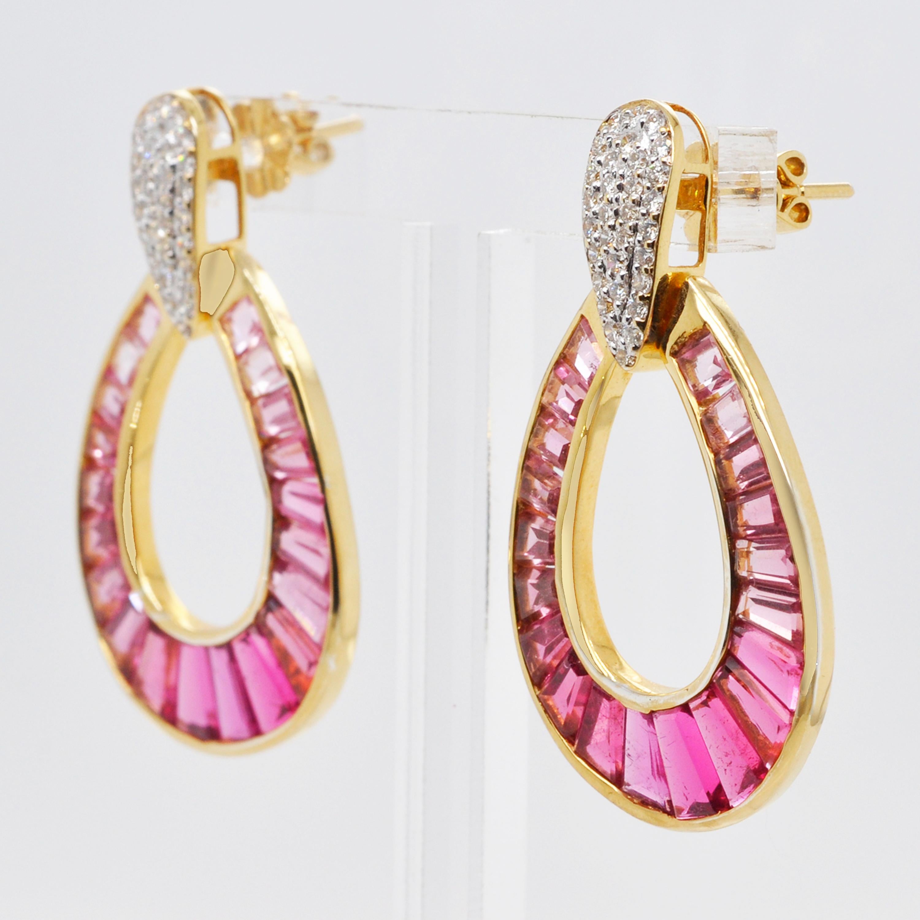 18 Karat Gold Rubellite Pink Tourmaline Baguette Diamond Dangling Drop Earrings 8