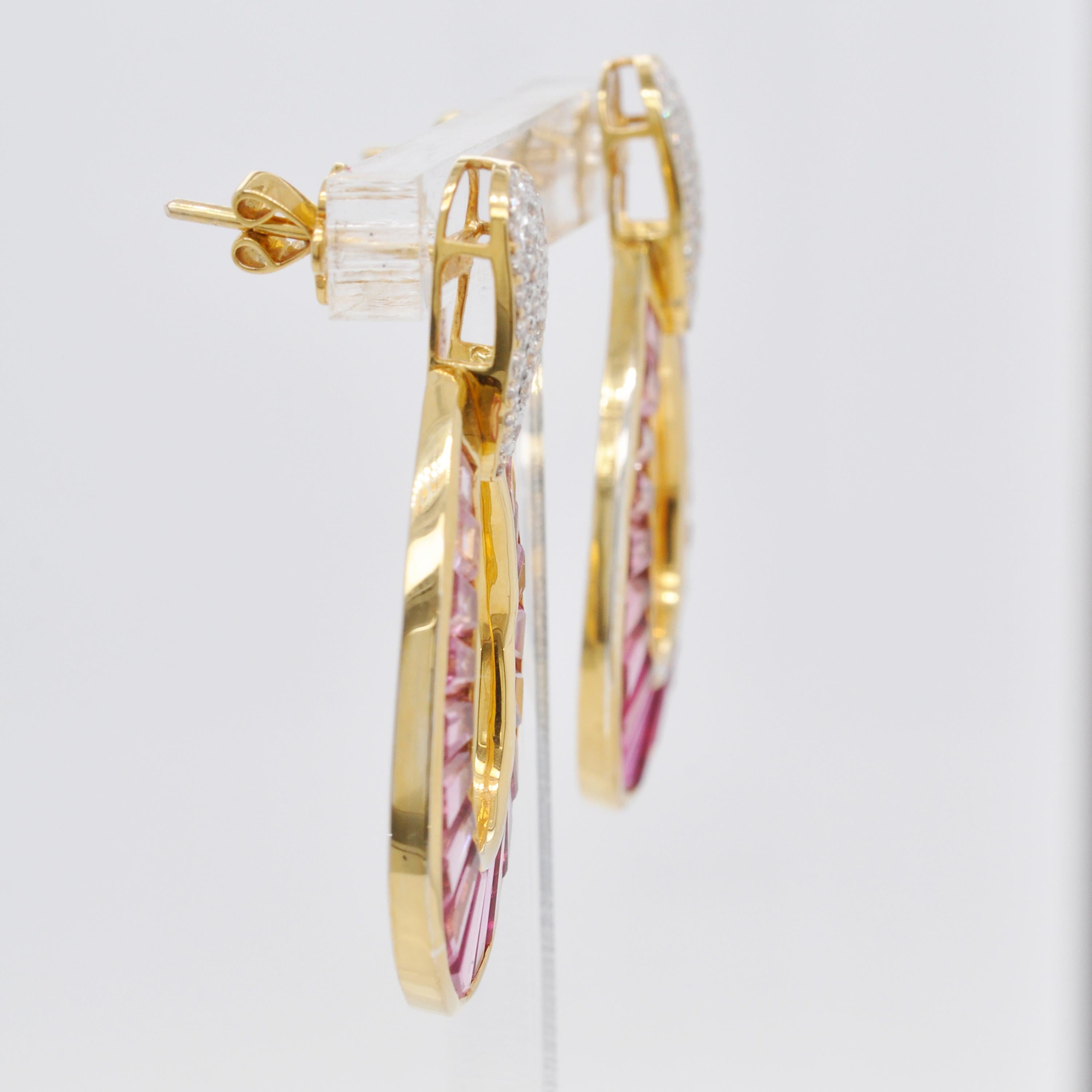 18 Karat Gold Rubellite Pink Tourmaline Baguette Diamond Dangling Drop Earrings 2