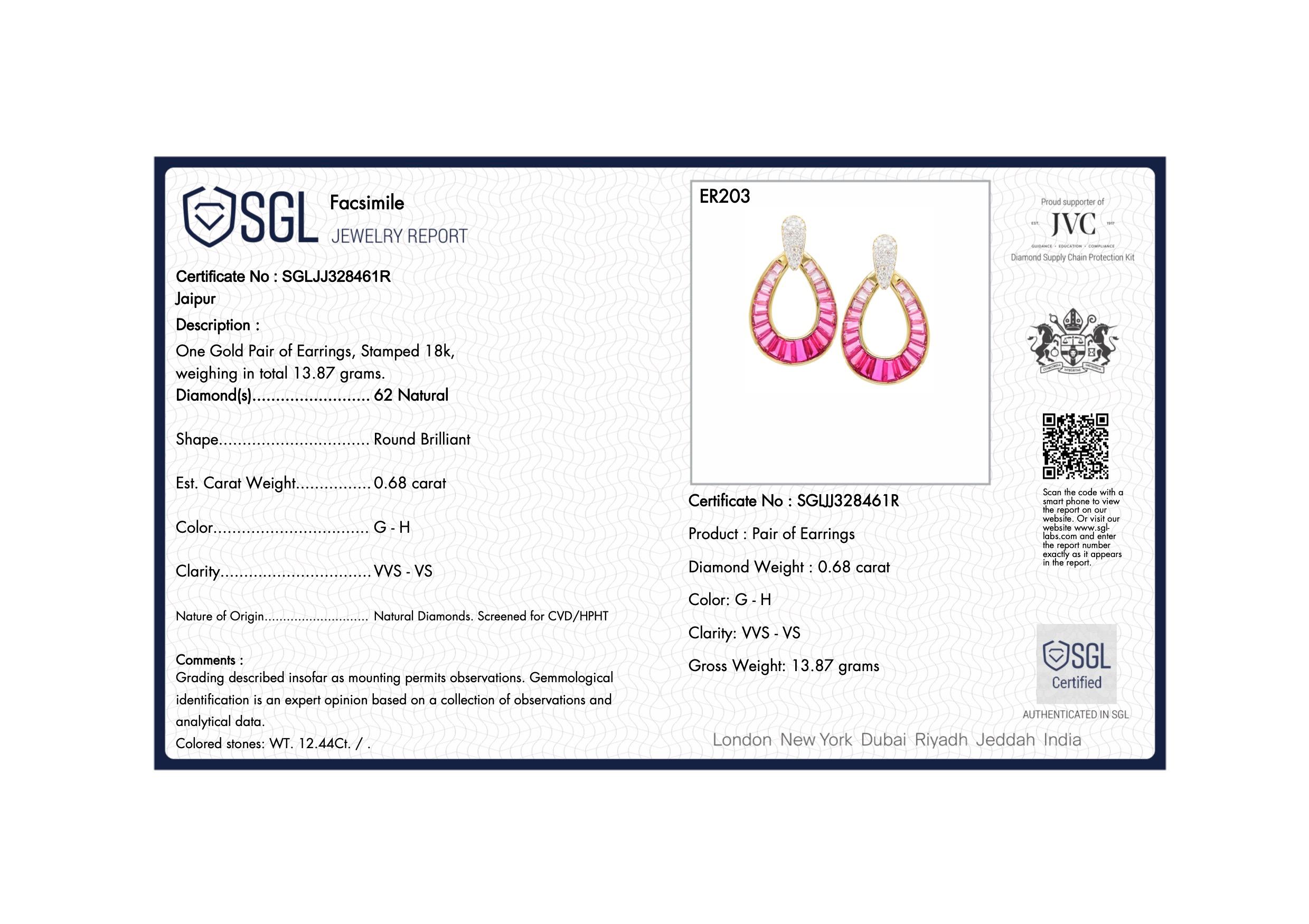 18 Karat Gold Rubellite Pink Tourmaline Baguette Diamond Dangling Drop Earrings 10