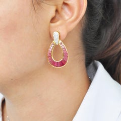 18 Karat Gold Rubellite Pink Tourmaline Baguette Diamond Dangling Drop Earrings