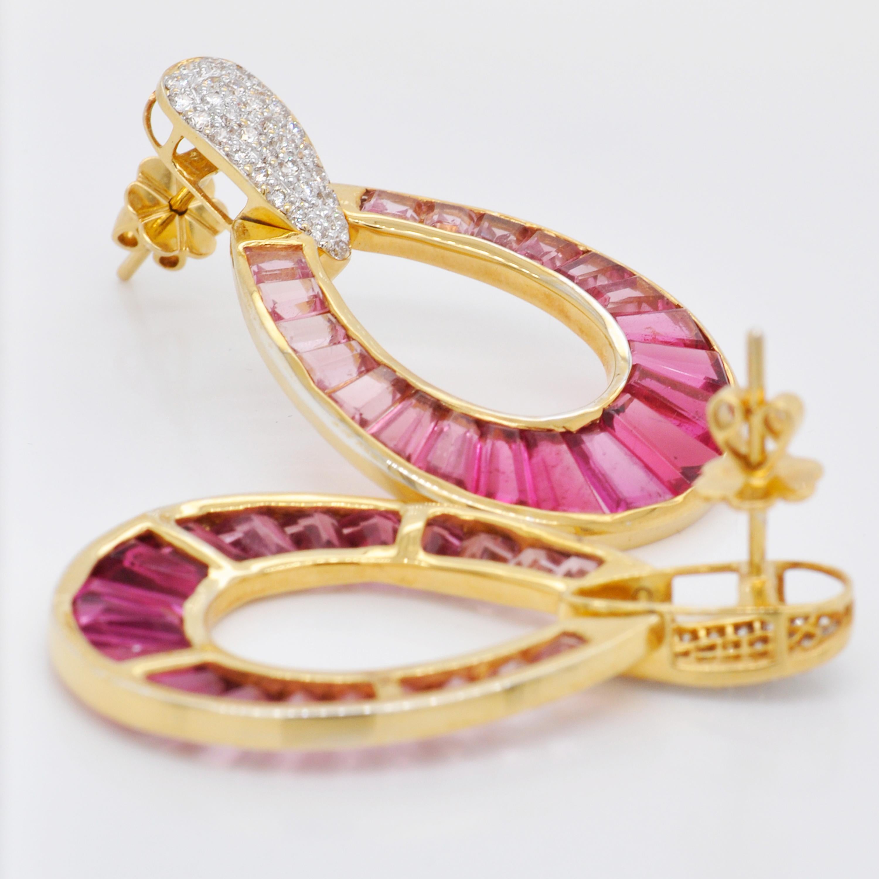 18 Karat Gold Rubellite Pink Tourmaline Baguette Diamond Dangling Drop Earrings 9