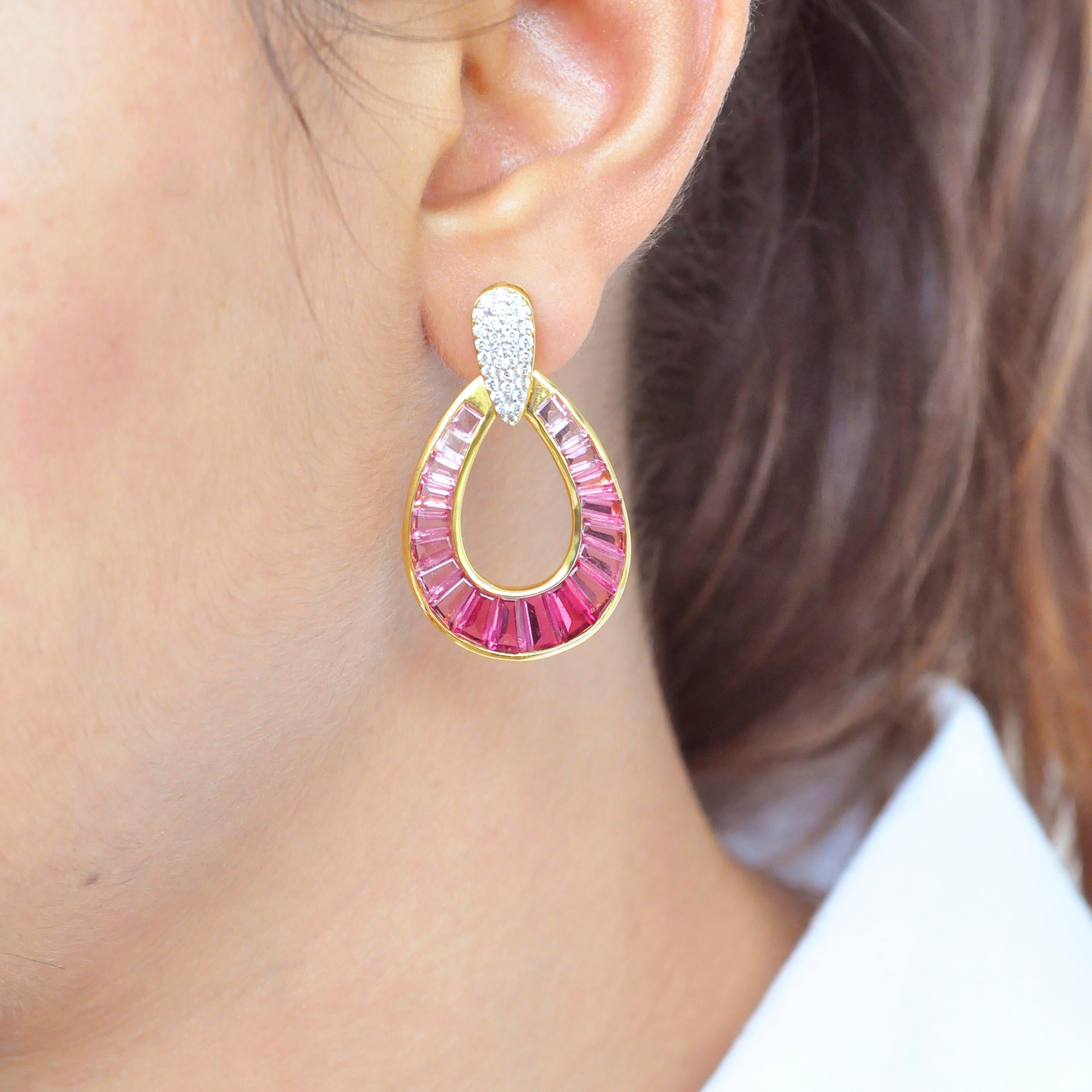 Contemporary 18 Karat Gold Rubellite Pink Tourmaline Baguette Diamond Dangling Drop Earrings