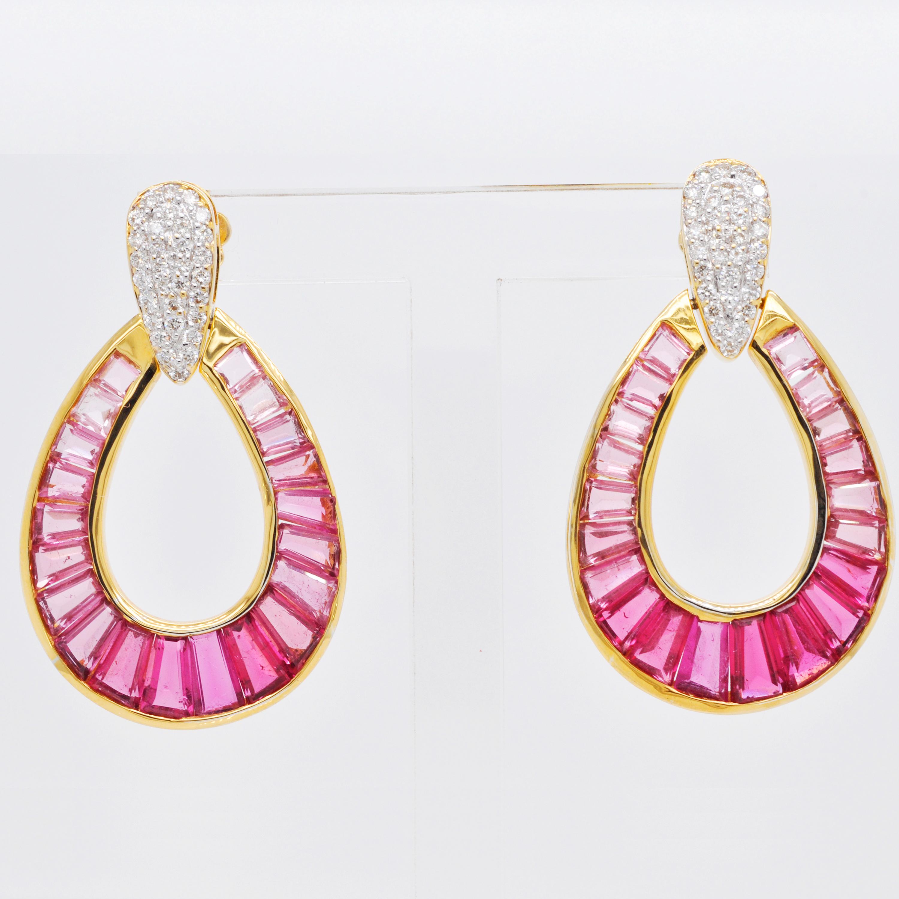 Women's 18 Karat Gold Rubellite Pink Tourmaline Baguette Diamond Dangling Drop Earrings