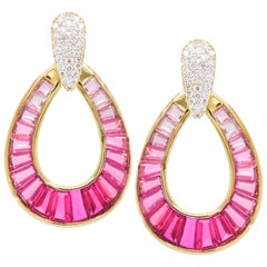 18 Karat Gold Rubellite Pink Tourmaline Baguette Diamond Dangling Drop Earrings