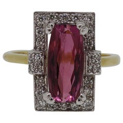 18 Karat Gold Rubellite Tourmaline and Diamond Art Deco Style Cluster Ring
